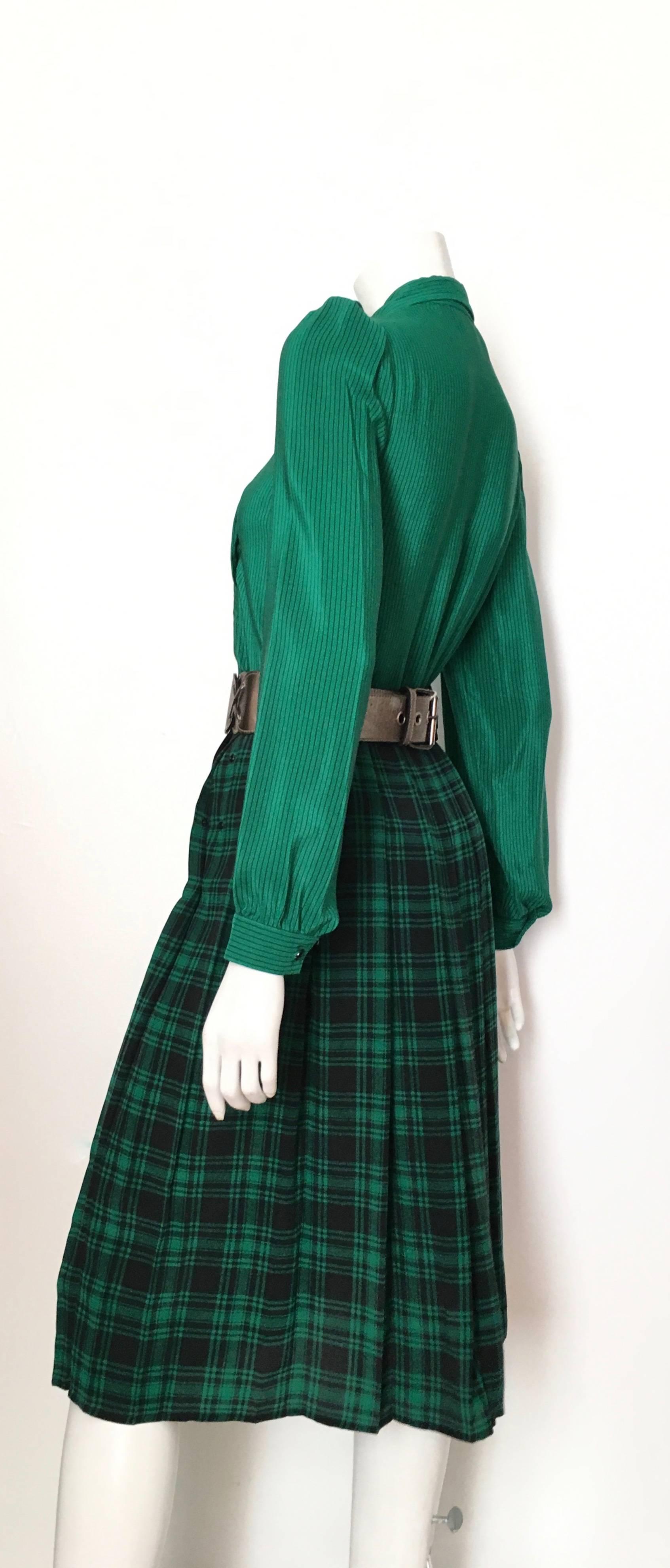 Women's or Men's Oscar de la Renta 1980s Silk Striped Blouse & Plaid Pleated Skirt Size 4.