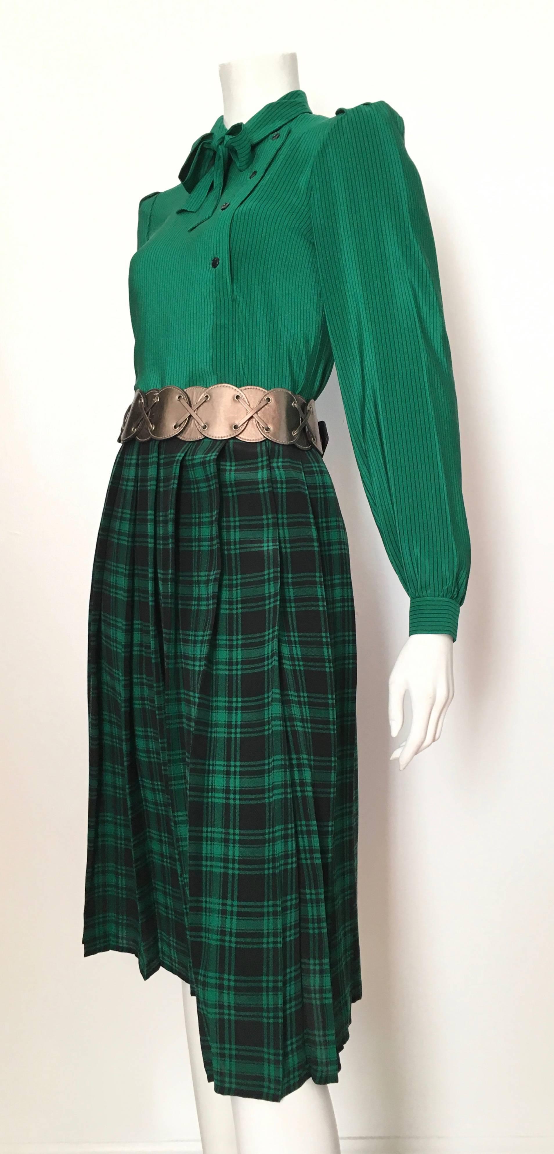 Oscar de la Renta 1980s Silk Striped Blouse & Plaid Pleated Skirt Size 4. 1