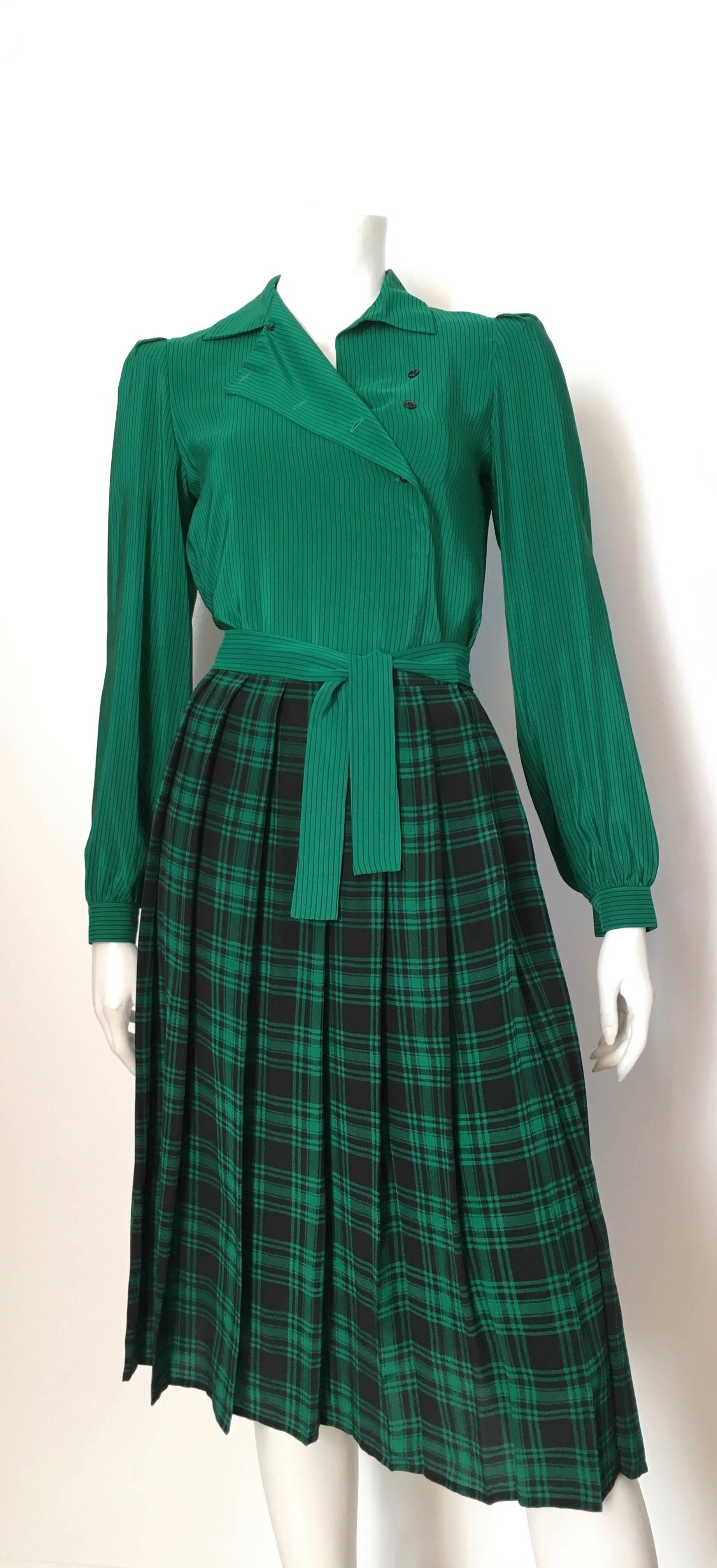 Oscar de la Renta 1980s Silk Striped Blouse & Plaid Pleated Skirt Size 4. 2