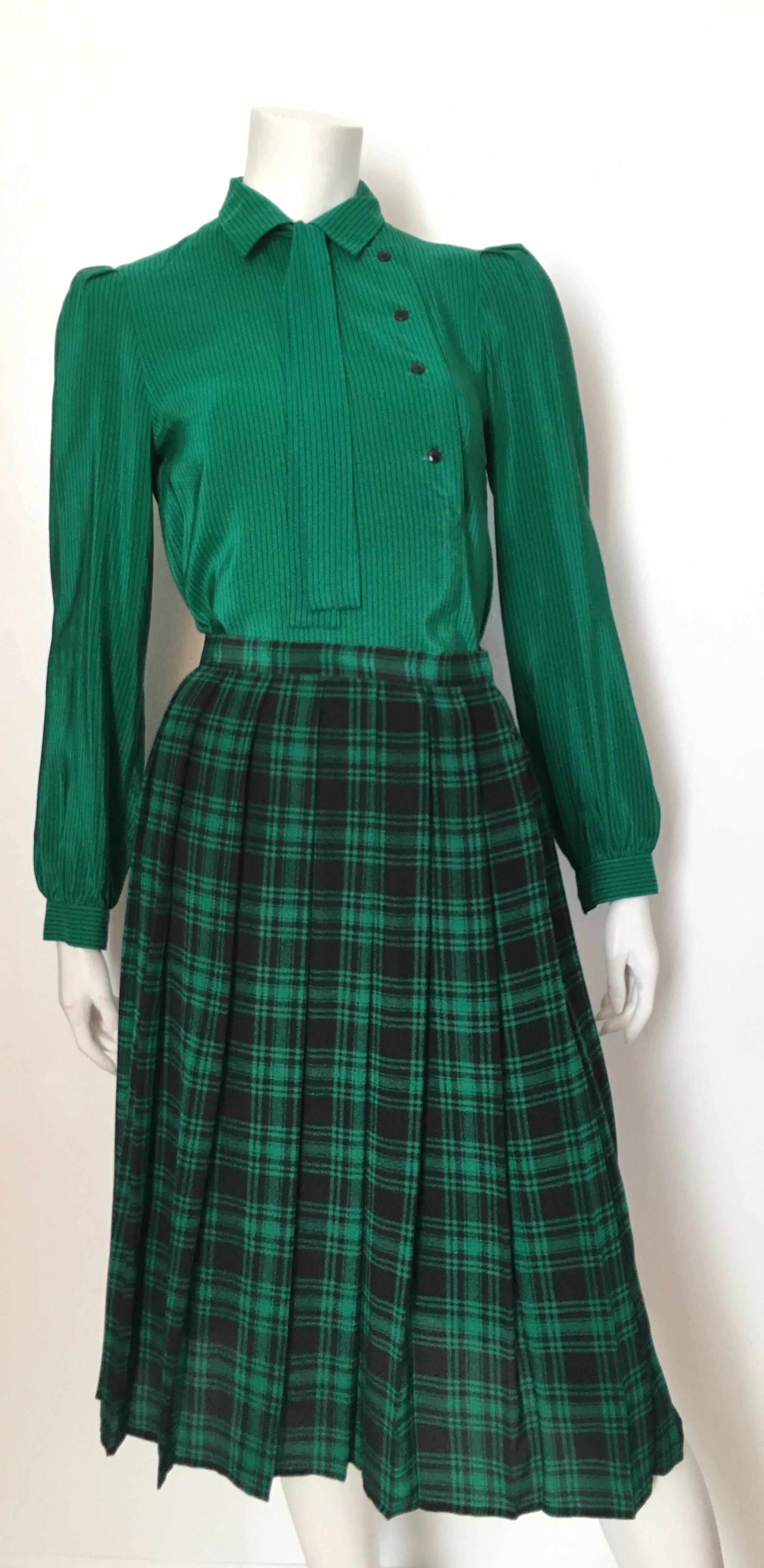 Oscar de la Renta 1980s Silk Striped Blouse & Plaid Pleated Skirt Size 4. 5