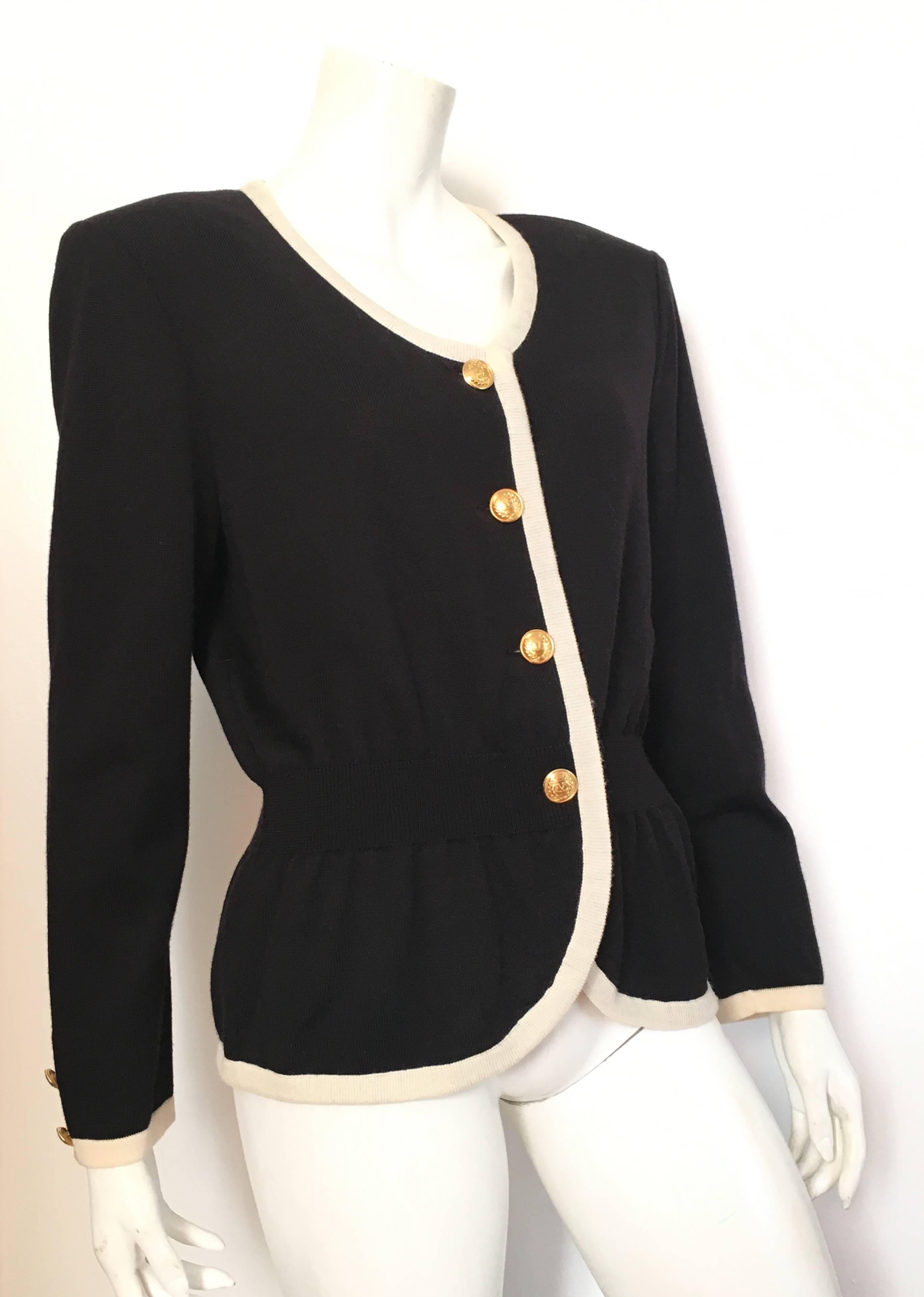 Valentino Black Wool Knit Cardigan with Gold V Buttons Size 10 / 12.  For Sale 4