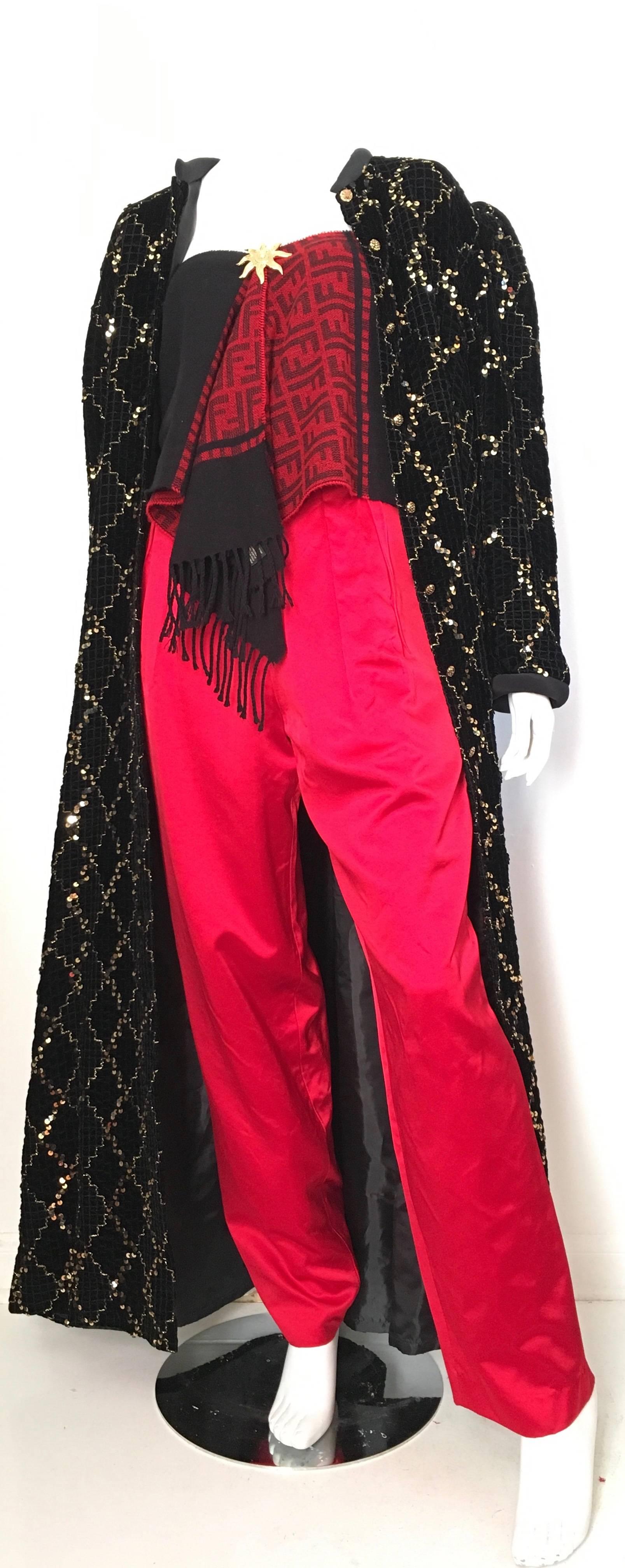 Bill Blass for Blassport red satin pleated evening pants with pockets is labeled a size 8 but fits like an USA 4.  Ladies please use your tape measure so you can properly measure your waist, hips and inseam to make certain these gorgeous Bill Blass