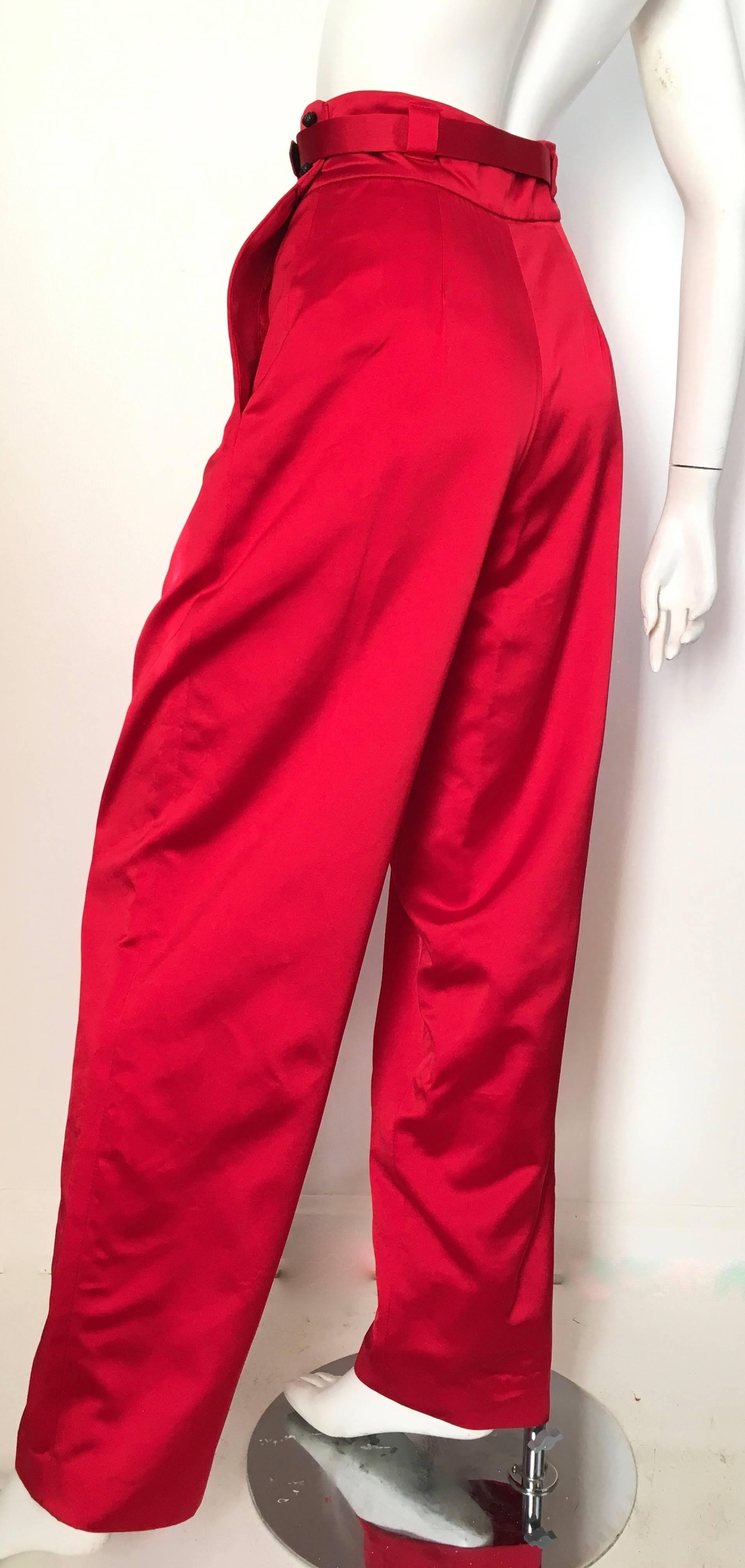 Women's or Men's Bill Blass Red Satin Pleated Evening Pants with Pockets Size 4. For Sale
