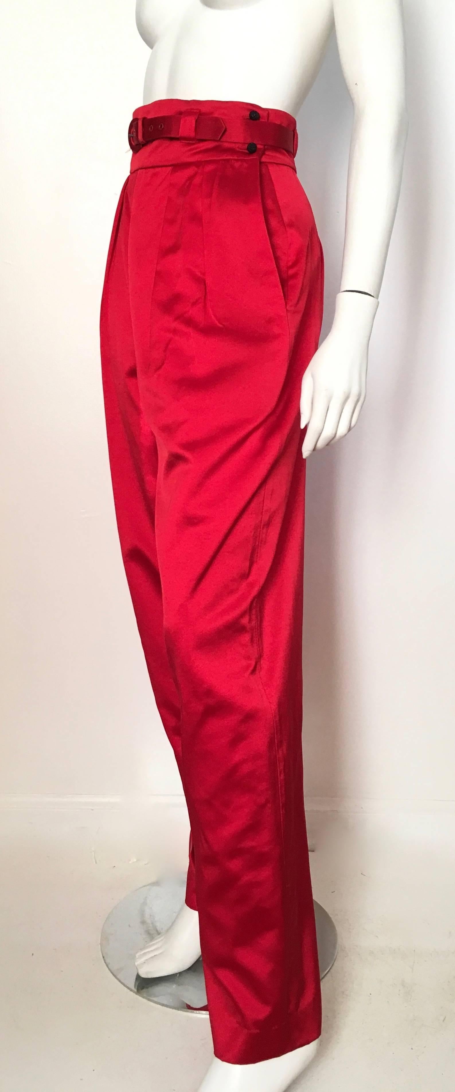 Bill Blass Red Satin Pleated Evening Pants with Pockets Size 4. For Sale 1