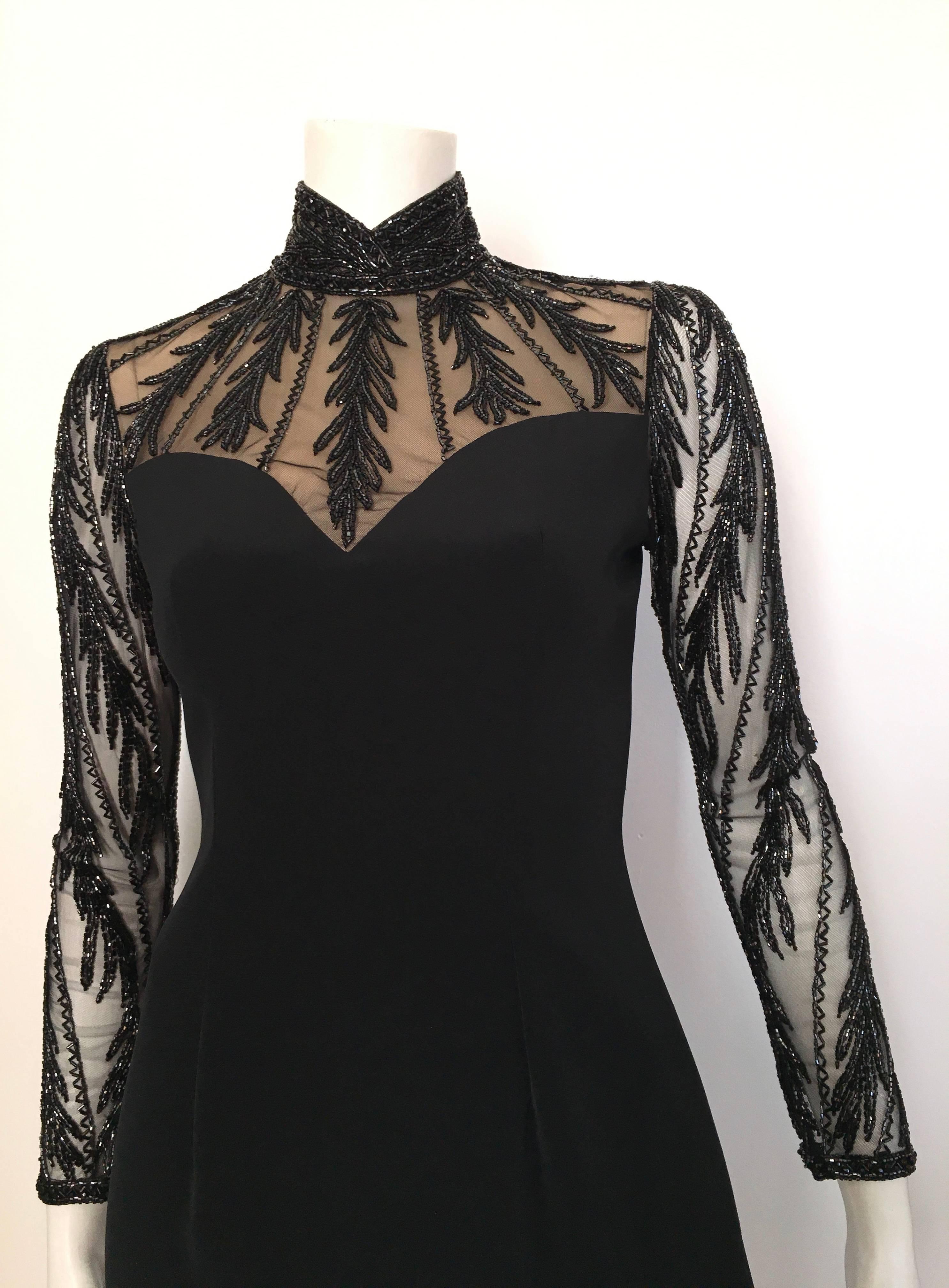 Bob Mackie for Lillie Rubin 1980s black beaded evening cocktail dress is a size 4. Ladies please grab your most trust friend, Mr. Tape Measure, so you can properly measure your bust, waist & hips to make certain this vintage treasure will fit your