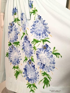 Mimosa Tree 1970s Hand Painted Flowers Aqua Evening Dress Size 6