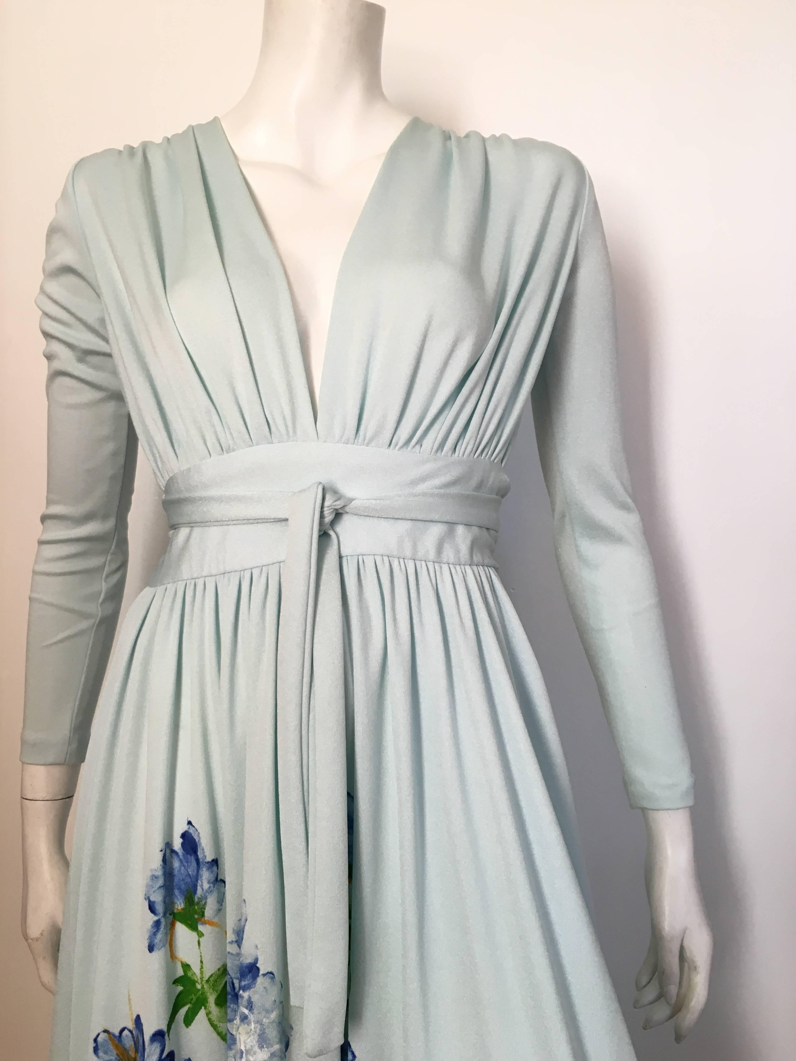 Gray Mimosa Tree 1970s Hand Painted Flowers Aqua Evening Dress Size 6  For Sale