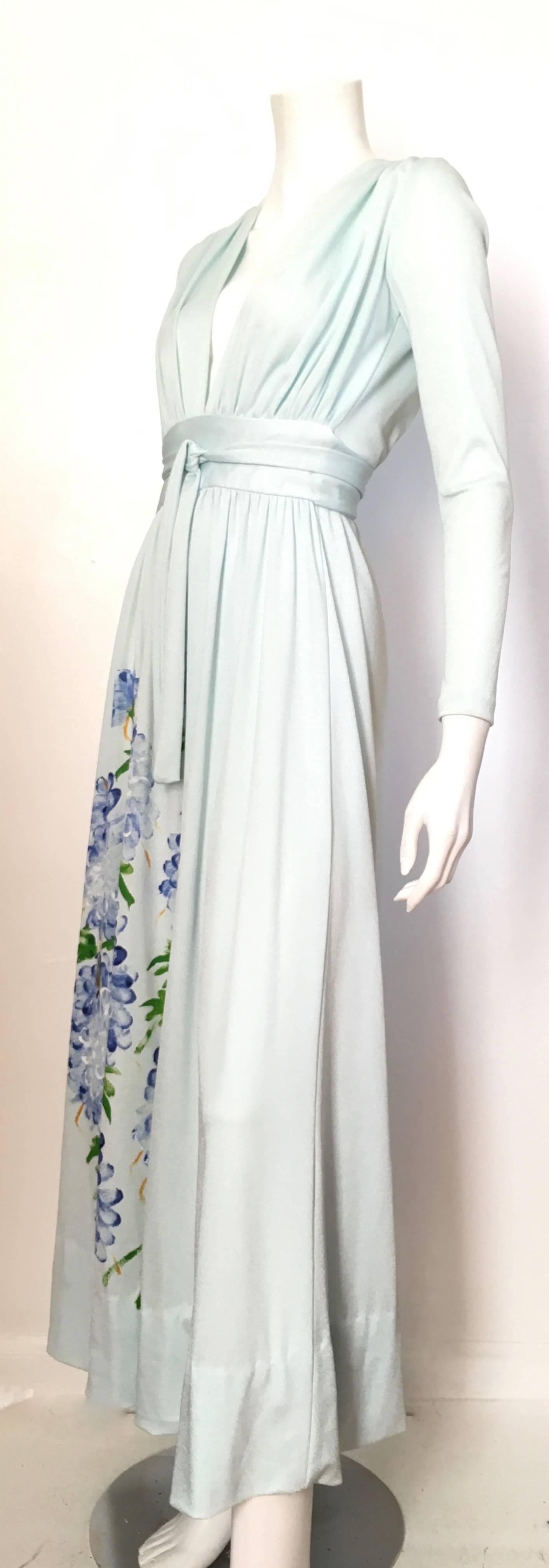 Mimosa Tree 1970s Hand Painted Flowers Aqua Evening Dress Size 6  For Sale 2