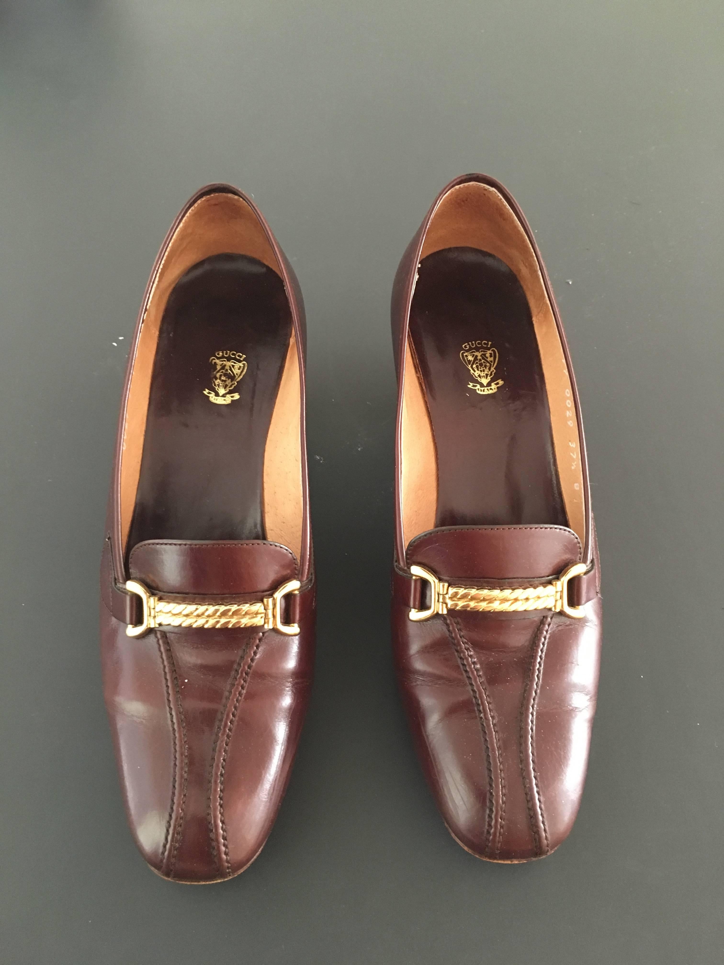 Gucci 1970s brown leather heeled loafers is marked 37.1/2 B and fits an USA women's size 7. The woman who consigned these shoes wears a size 7 and these fit her perfectly.  Wear these classic Gucci loafers with jeans, pants, skirts or suits.