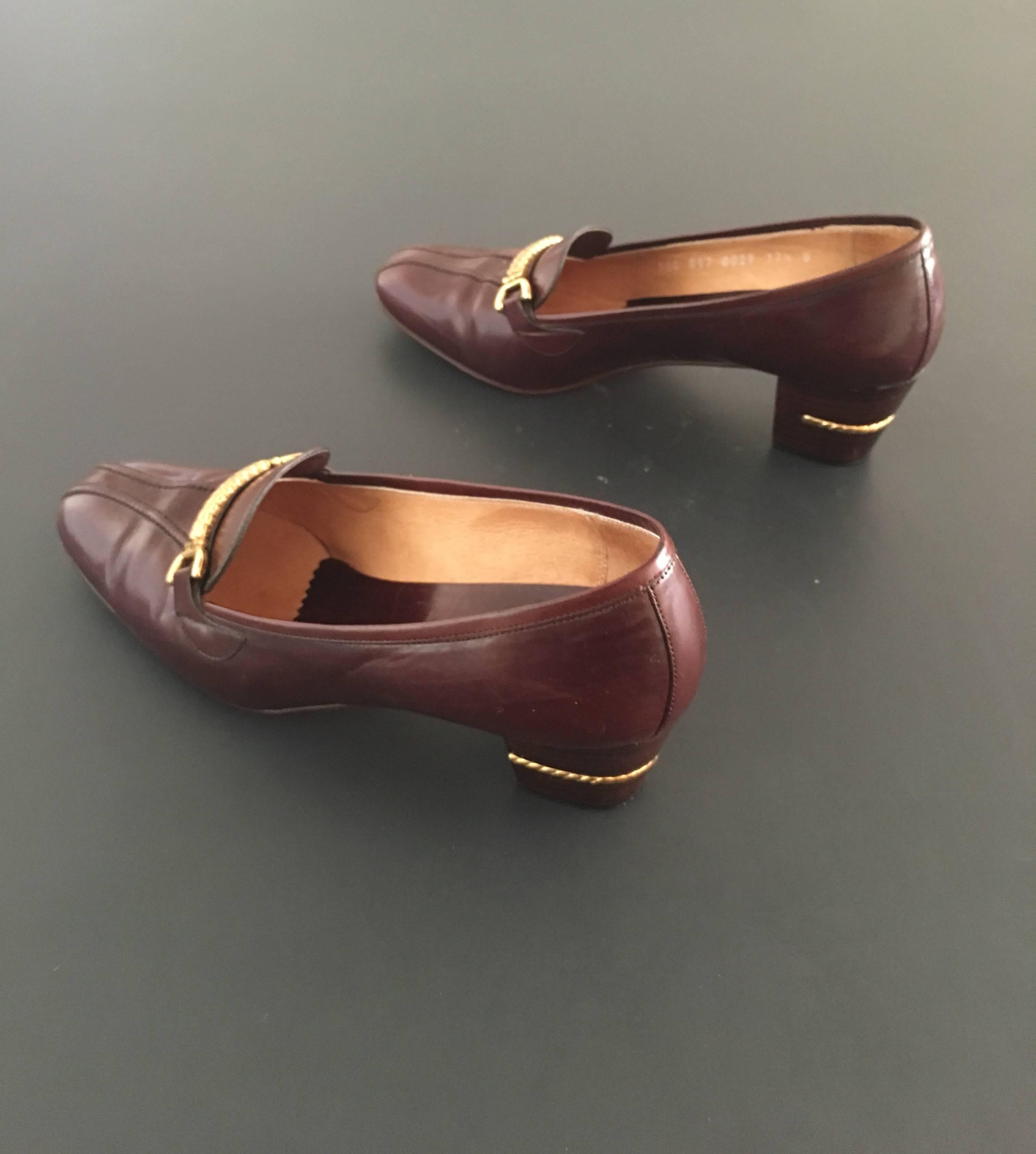 Black Gucci Brown Leather Heeled Loafer with Gold Braid Buckle Size 37.1/2 B.