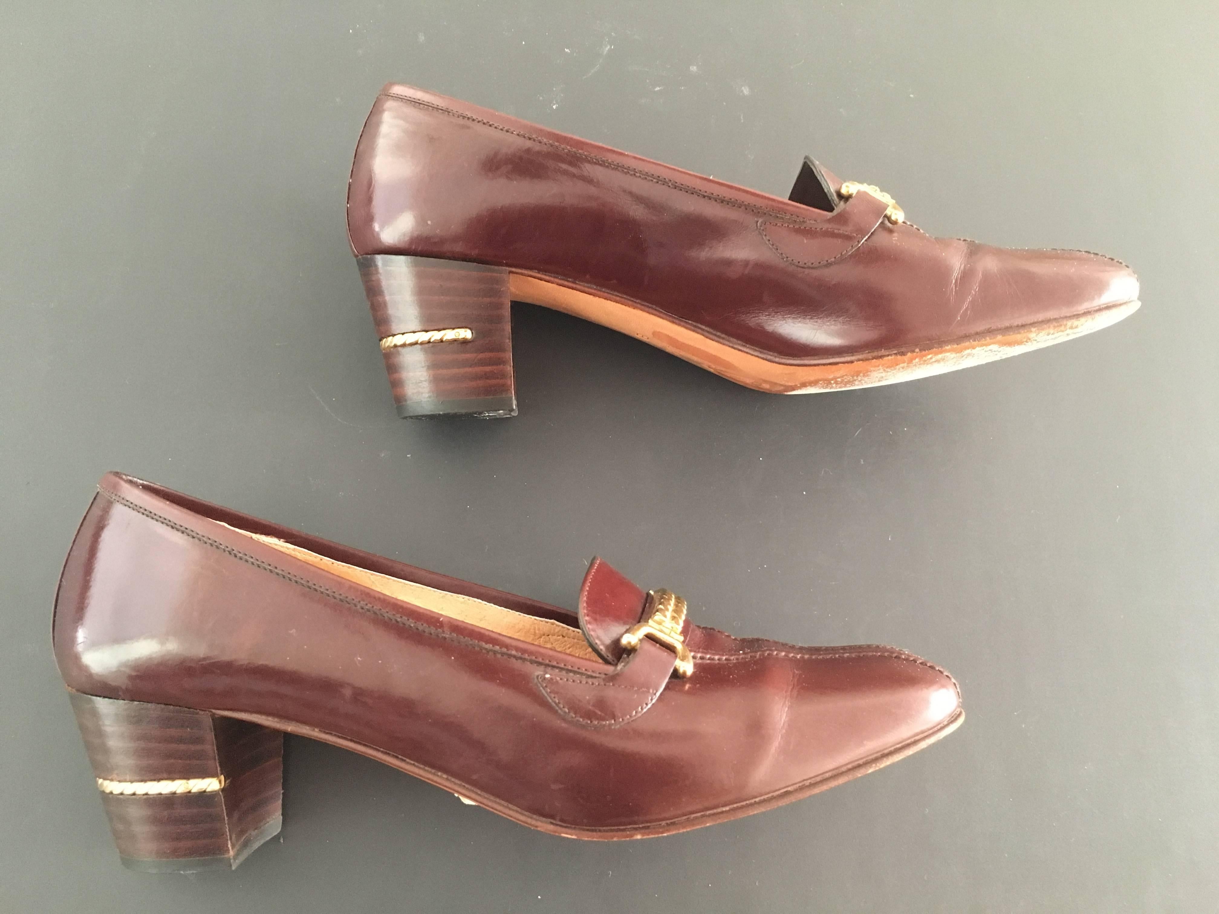Gucci Brown Leather Heeled Loafer with Gold Braid Buckle Size 37.1/2 B. 2