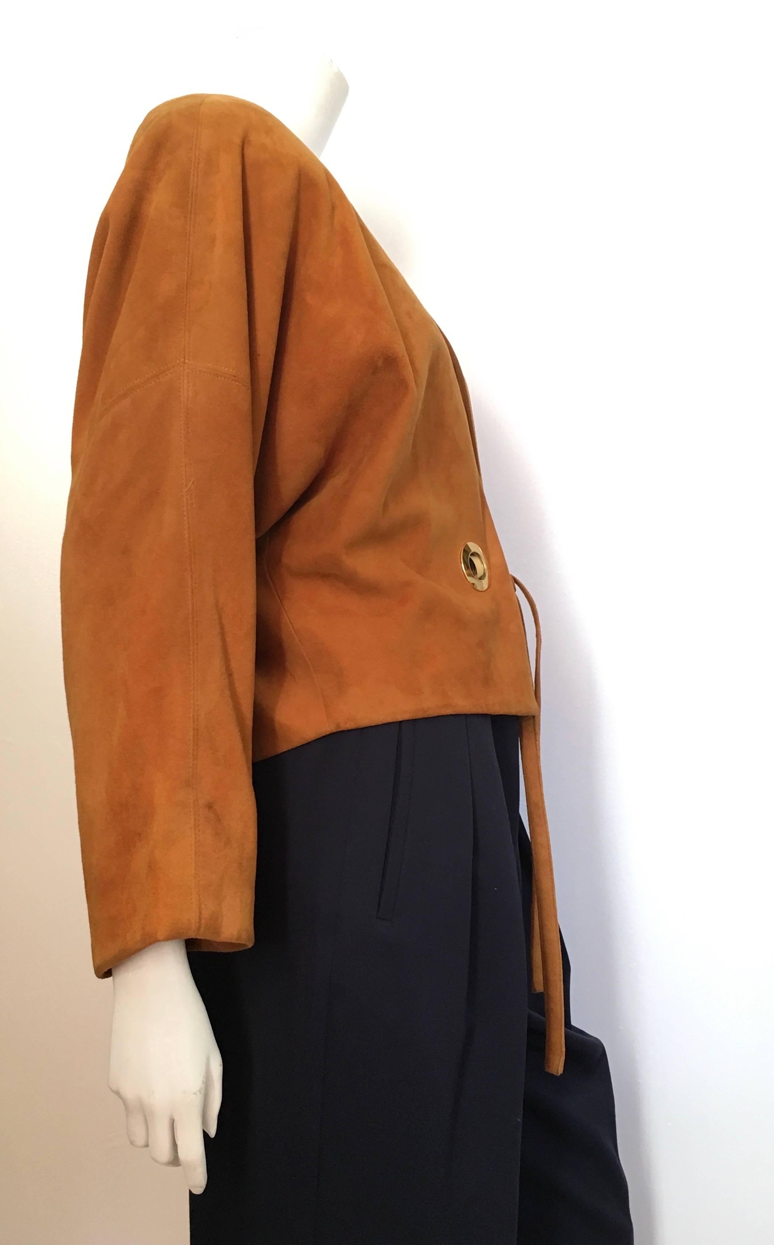 Brown Anne Klein by Donna Karan 1980s Tan Suede Bolero Jacket Size 10 / 12. For Sale