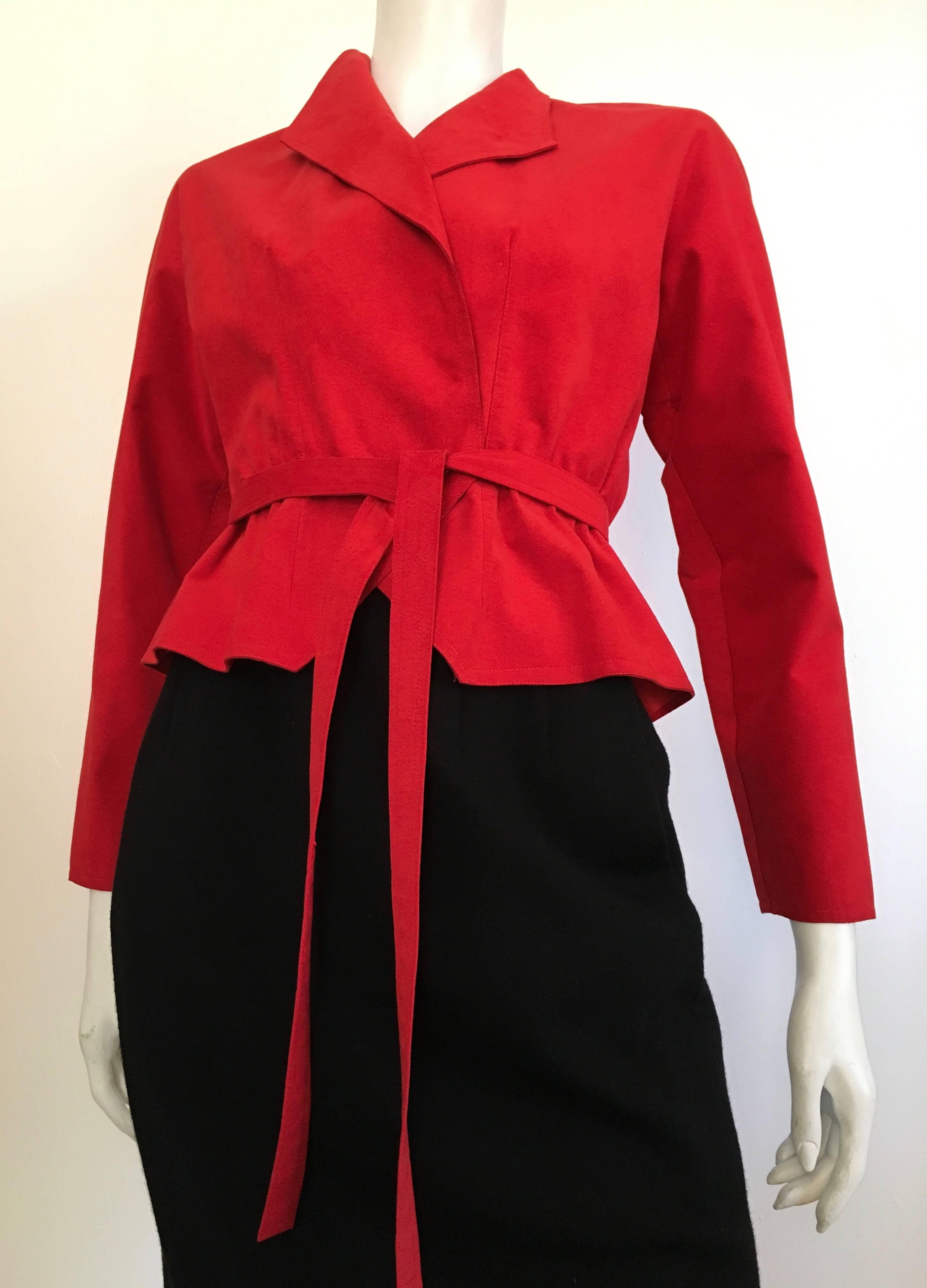 Halston 1970s fire engine bright red ultra suede peplum jacket with belt and pencil skirt is a size 4. I just don't even know where to begin with this gorgeous stylish ensemble. Halston is synonymous with ultra suede, they go hand in hand.  This