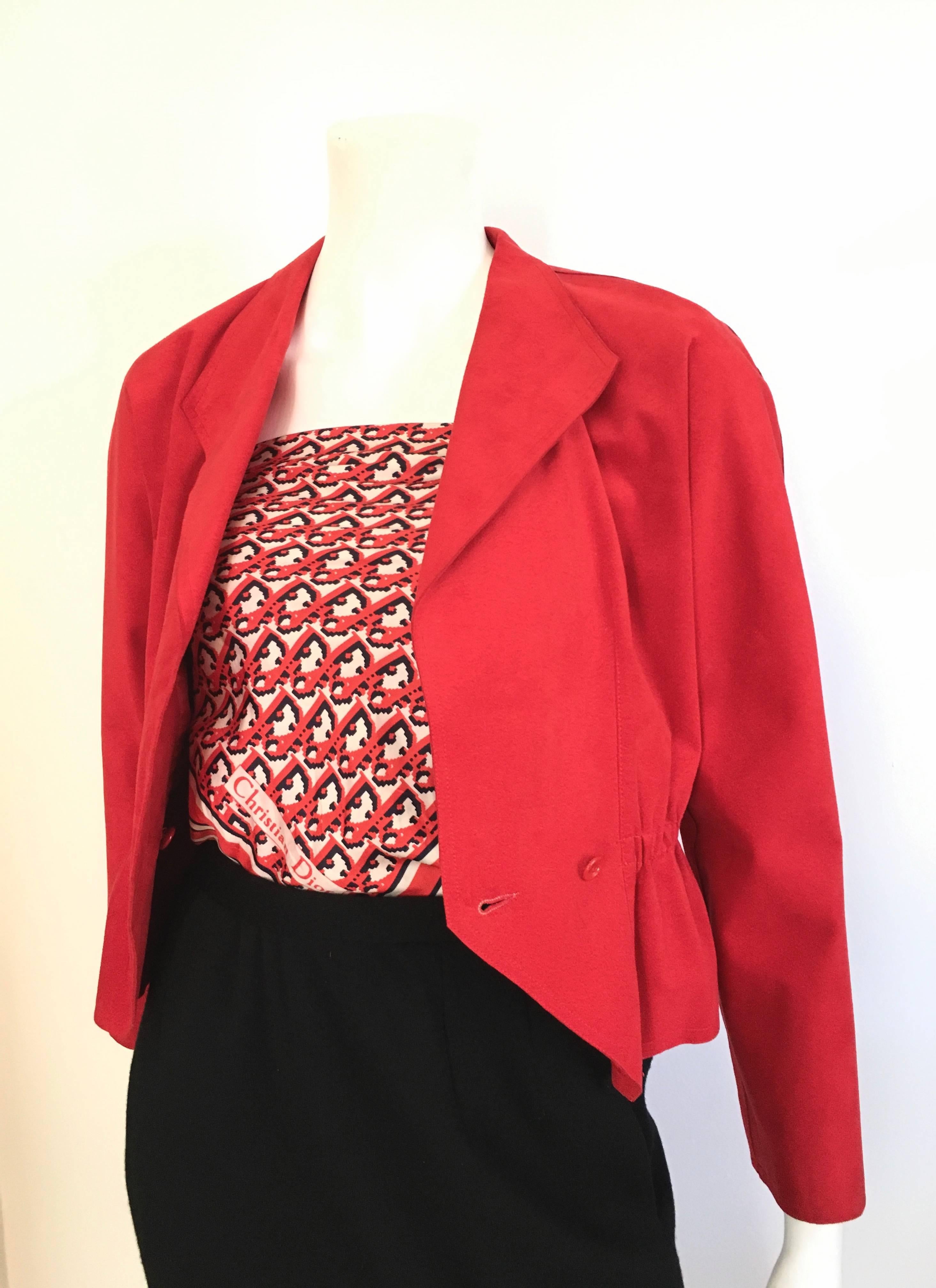 Halston 1970s Red Ultra Suede Peplum Jacket and Black Wool Pencil Skirt Size 4  For Sale 1