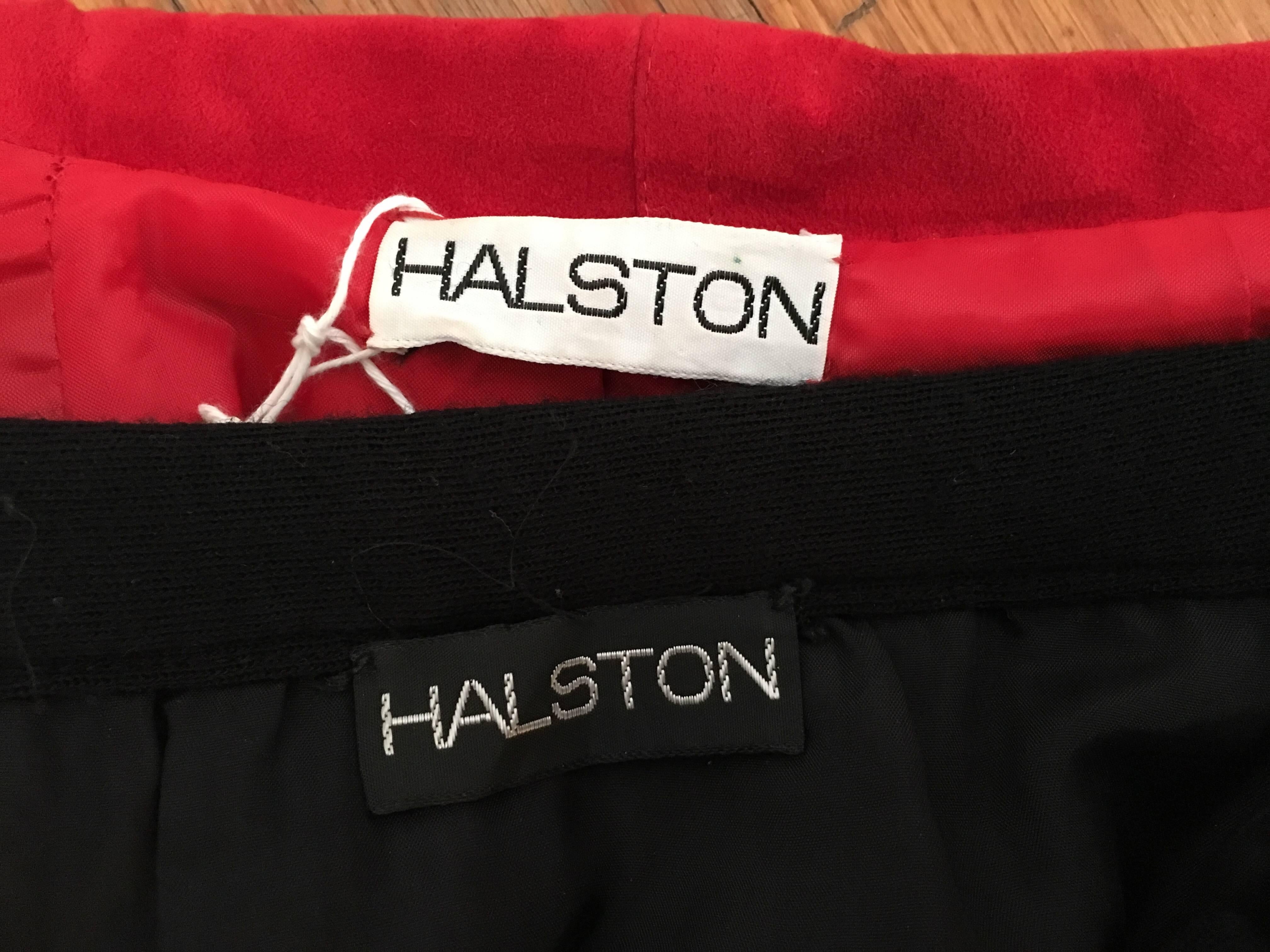 Halston 1970s Red Ultra Suede Peplum Jacket and Black Wool Pencil Skirt Size 4  For Sale 3