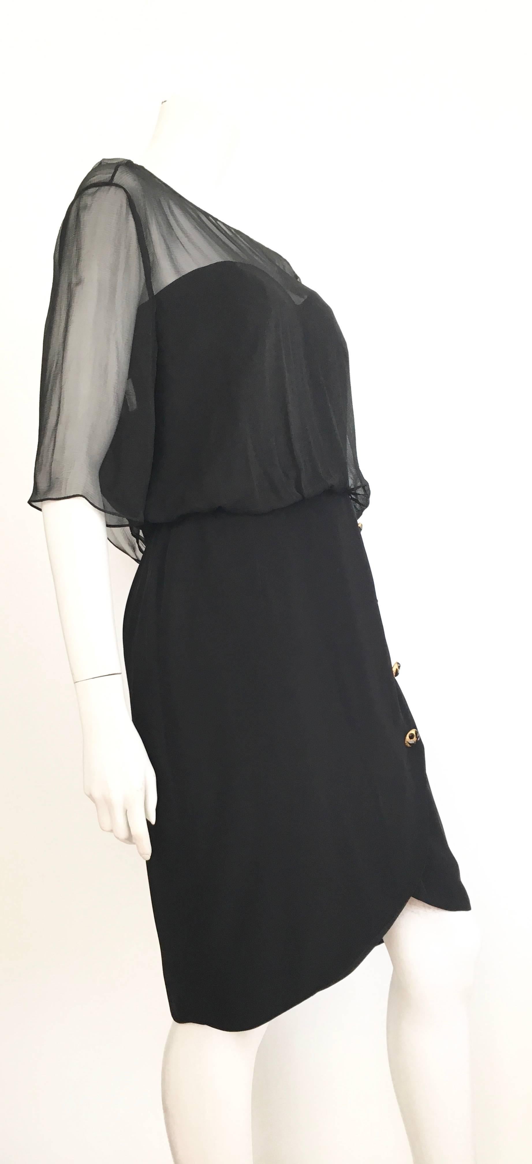 Jean Louis Scherrer Boutique, made in France, black evening cocktail party dress is a French size 46 and fits like an USA size 12.  Ladies please grab your most trusted friend, Mr. Tape Measure, so you can measure your bust, waist & hips to make