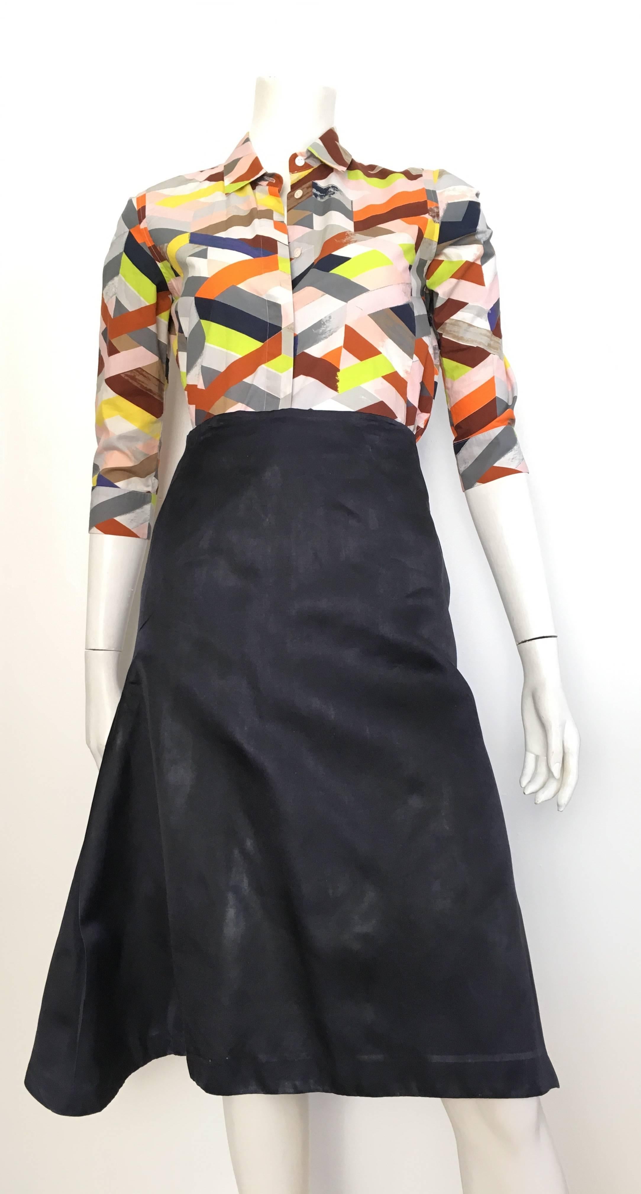 Pringle of Scotland cotton abstract print button up blouse with 3/4 sleeves is a size 4.  Made in Italy. Colorful & whimsical cotton blouse looks amazing worn with your denim jeans, skirt or pants. This blouse fits Matilda the Mannequin, who is