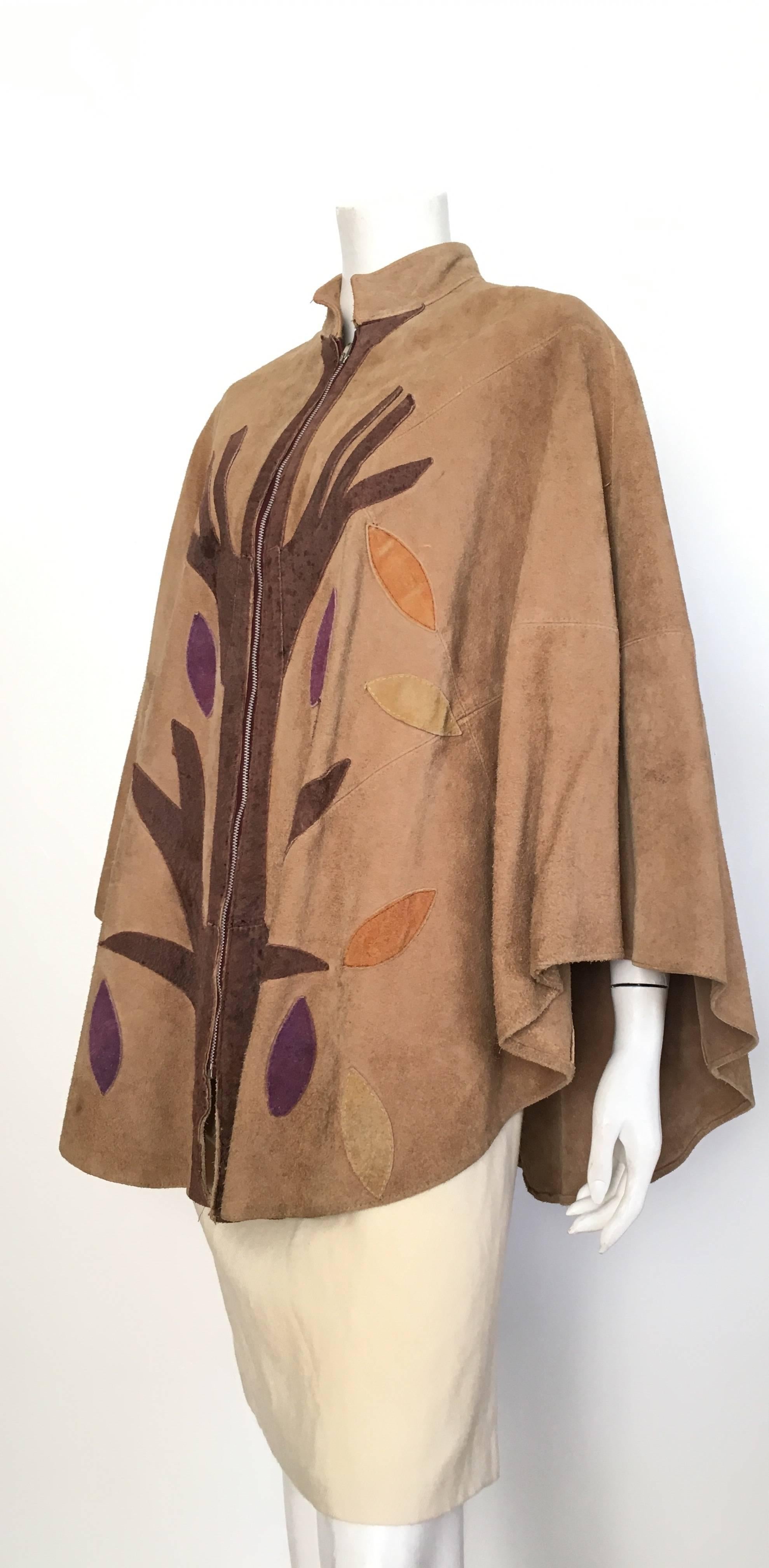Queen of Capes Tan Suede Zipper 'Tree of Life' Cape. For Sale 1