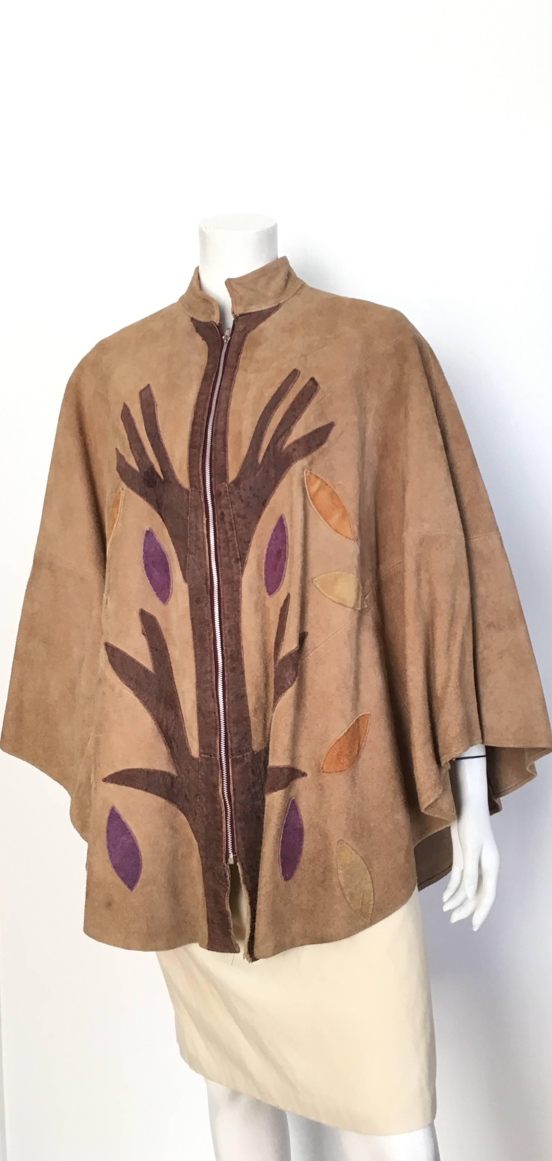 Queen of Capes Tan Suede Zipper 'Tree of Life' Cape. For Sale 2