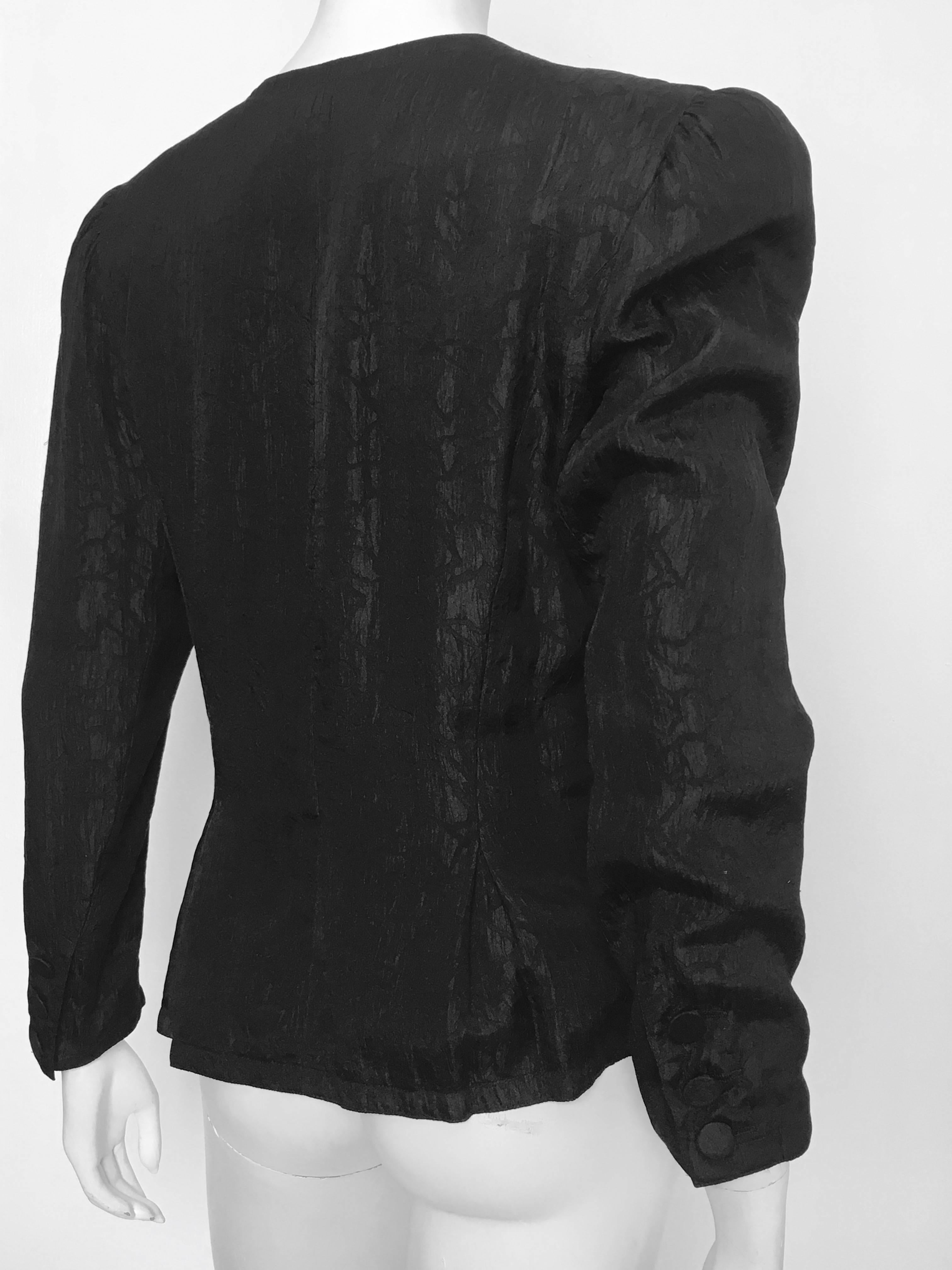 Women's or Men's Adele Simpson 1980s Black Silk Jacquard Button Up Jacket Size 8.  For Sale