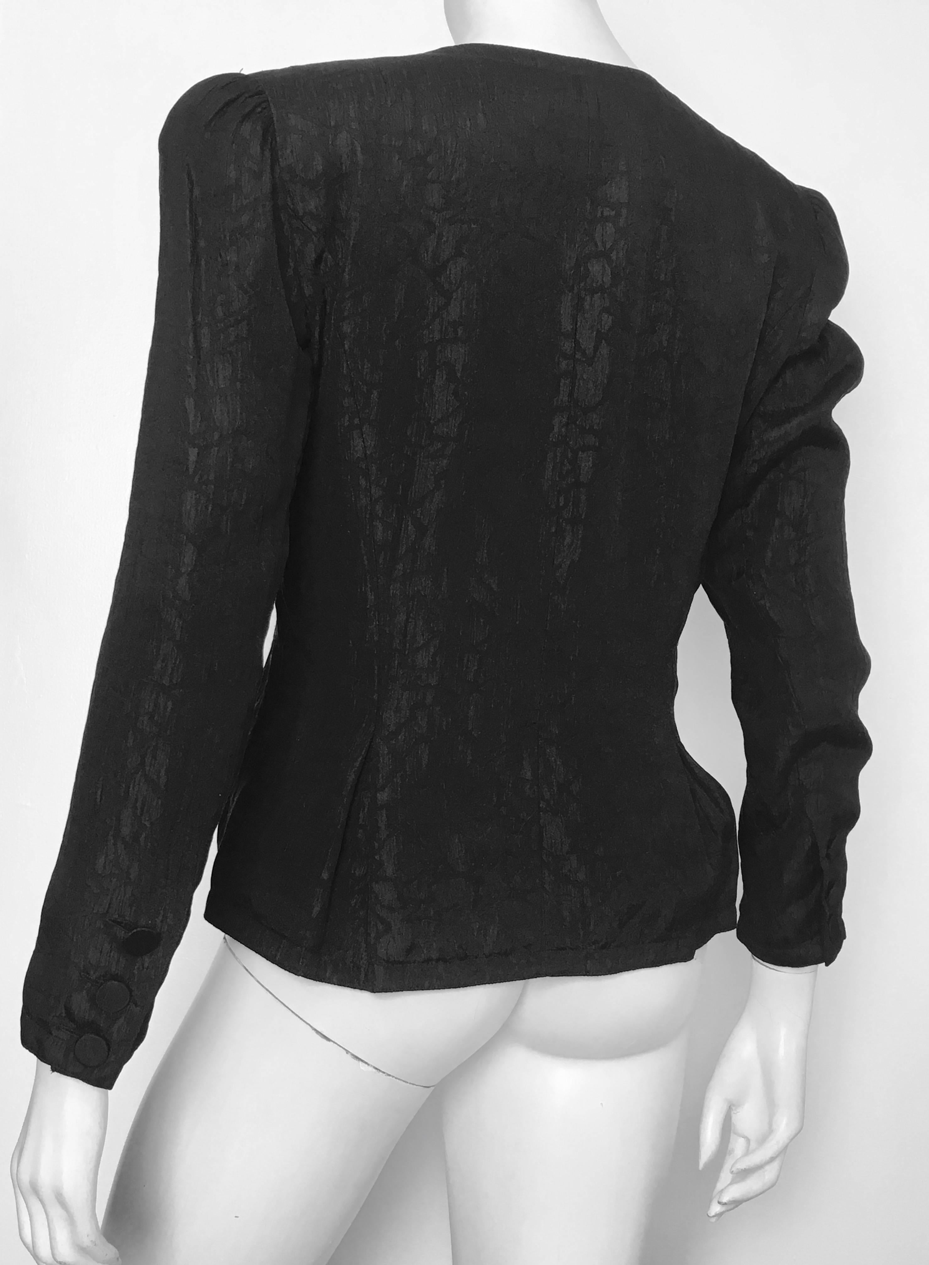 Adele Simpson 1980s Black Silk Jacquard Button Up Jacket Size 8.  For Sale 1