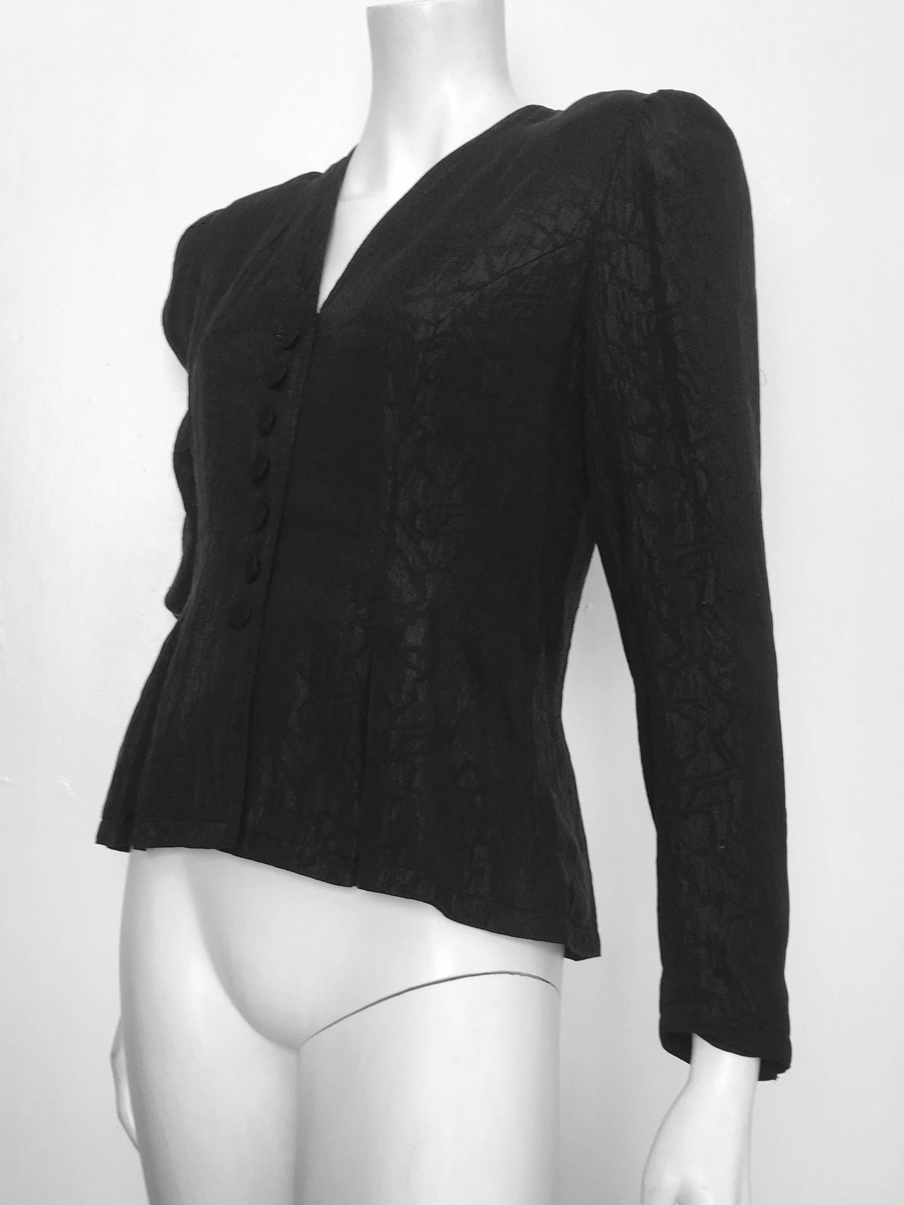 Adele Simpson 1980s Black Silk Jacquard Button Up Jacket Size 8.  For Sale 2