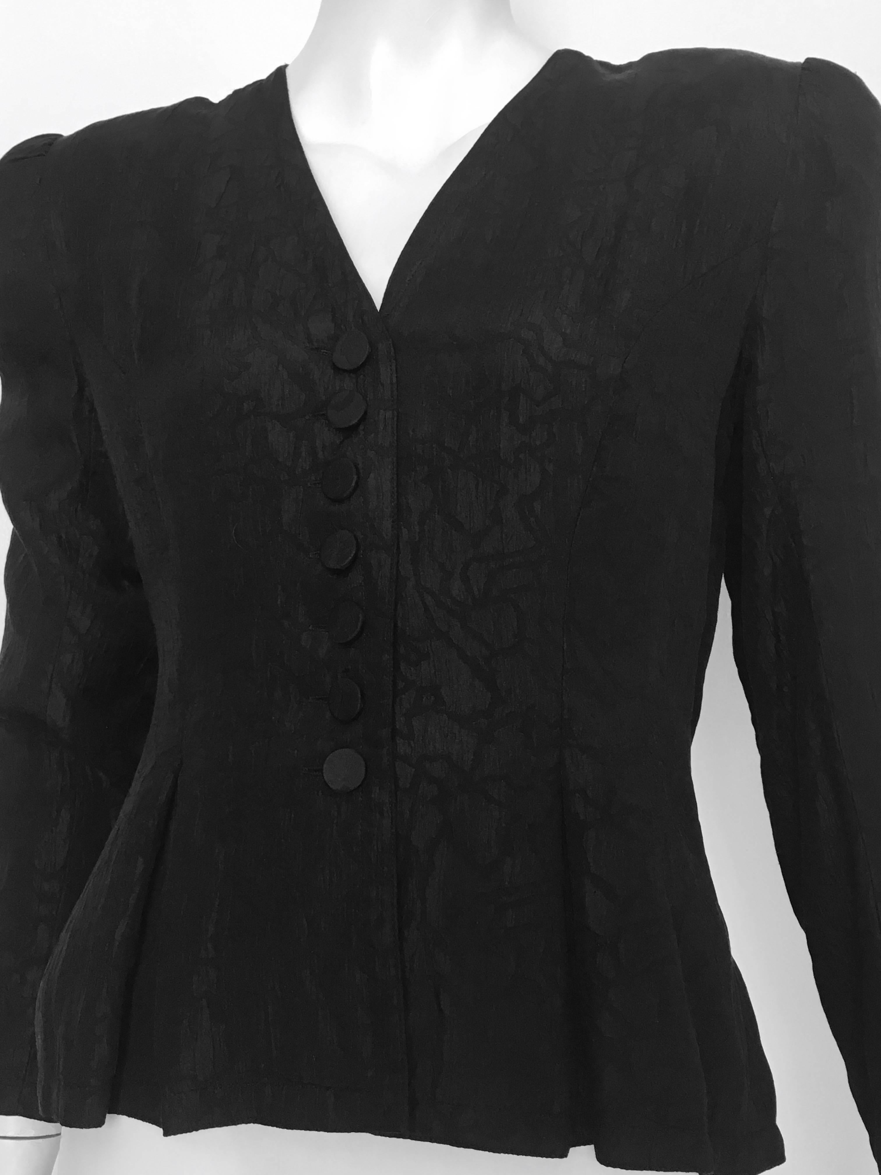 Adele Simpson 1980s Black Silk Jacquard Button Up Jacket Size 8.  For Sale 4