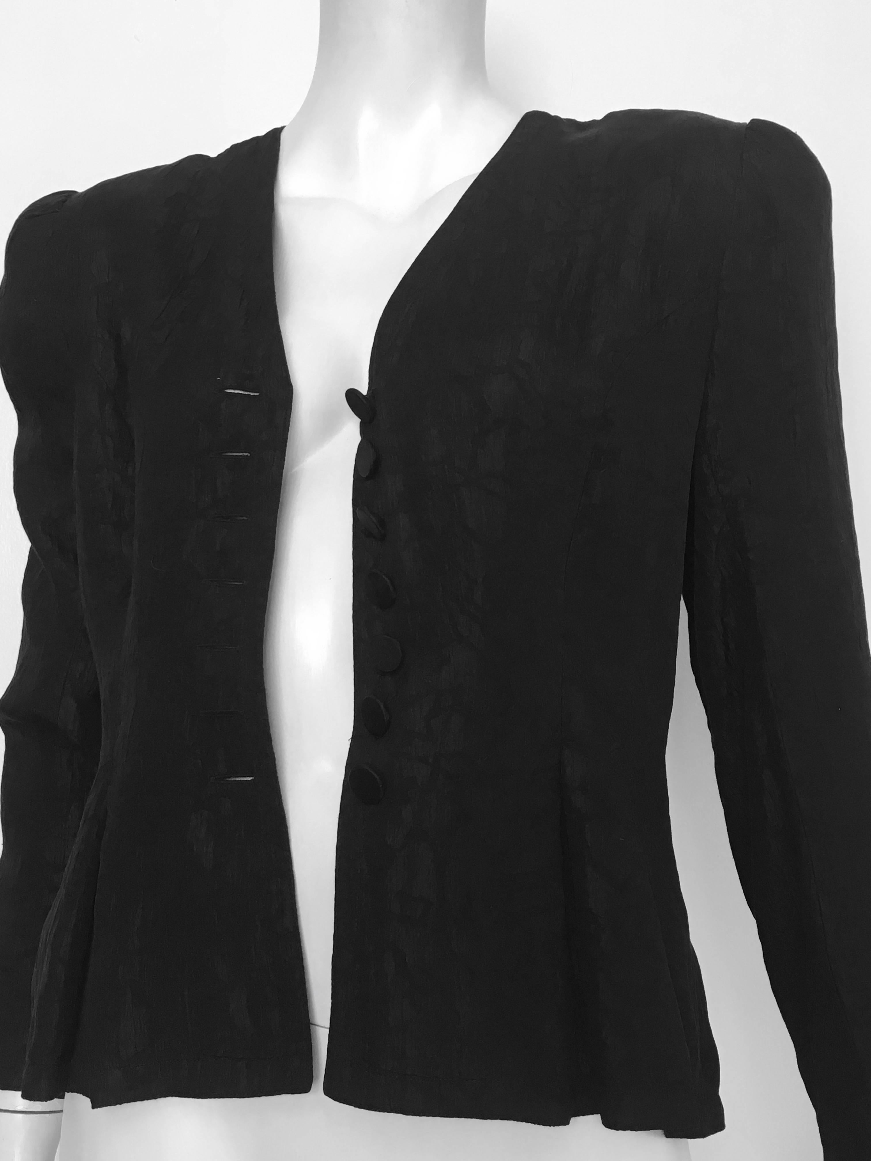 Adele Simpson 1980s Black Silk Jacquard Button Up Jacket Size 8.  For Sale 5