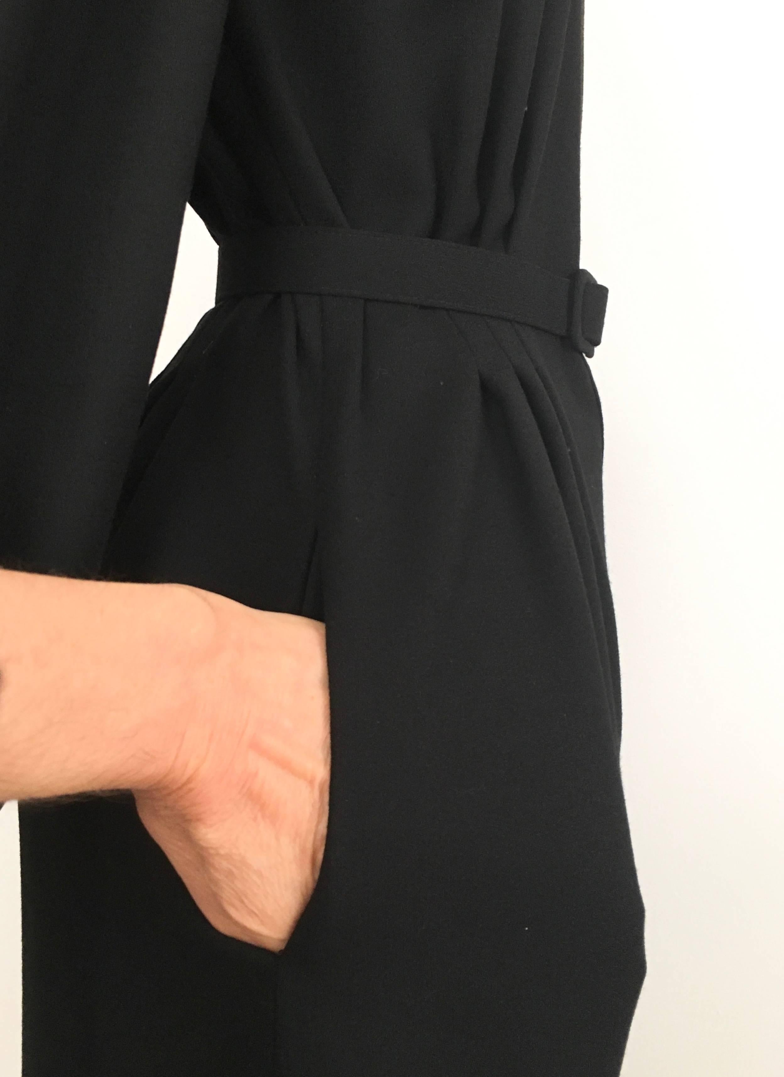 Women's or Men's Pierre Cardin 1980s Black Wool Button Up Dress with Pockets Size 6/8.