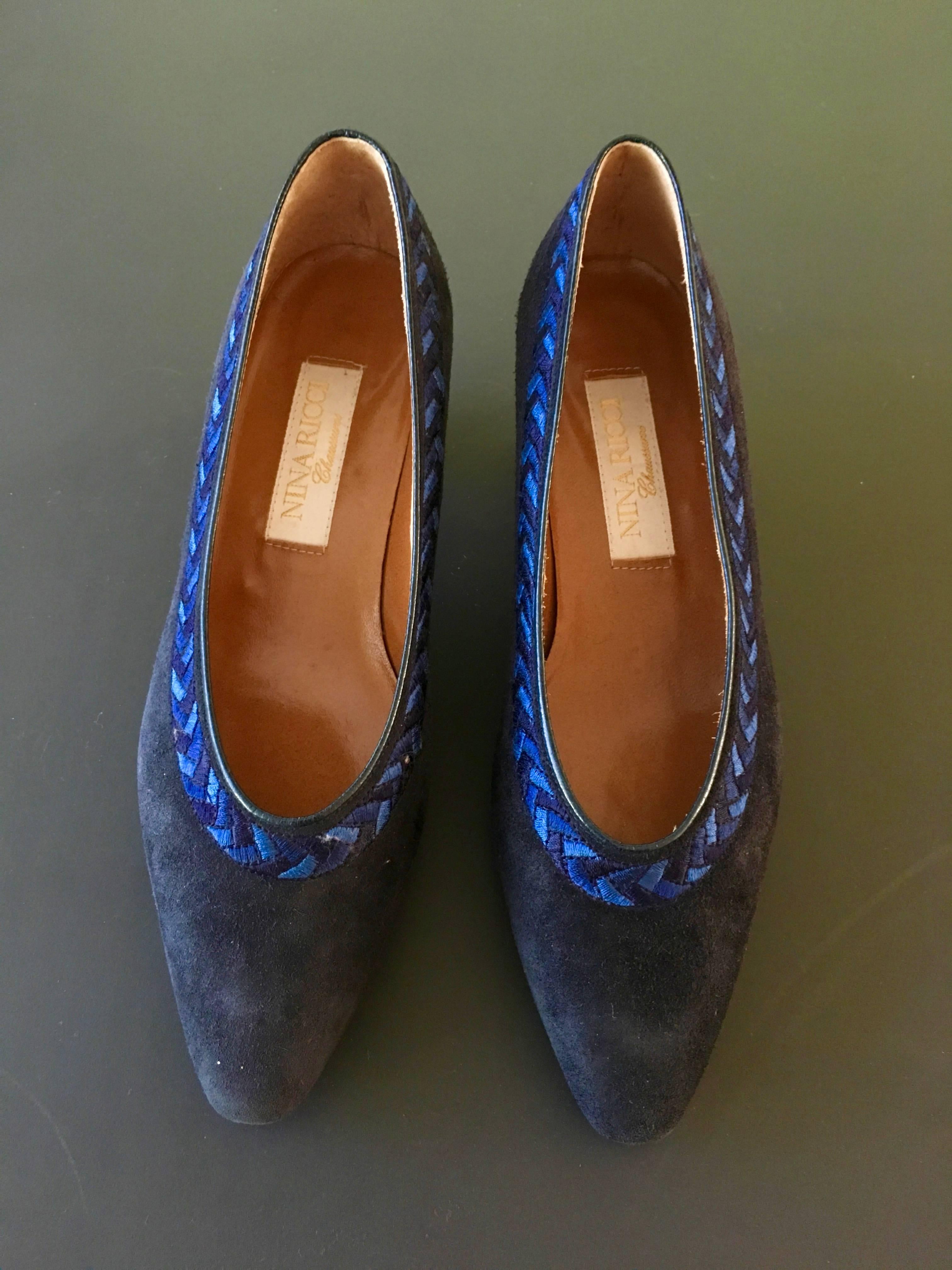 Nina Ricci Navy Suede Low Heel Slip On Shoes  For Sale 1