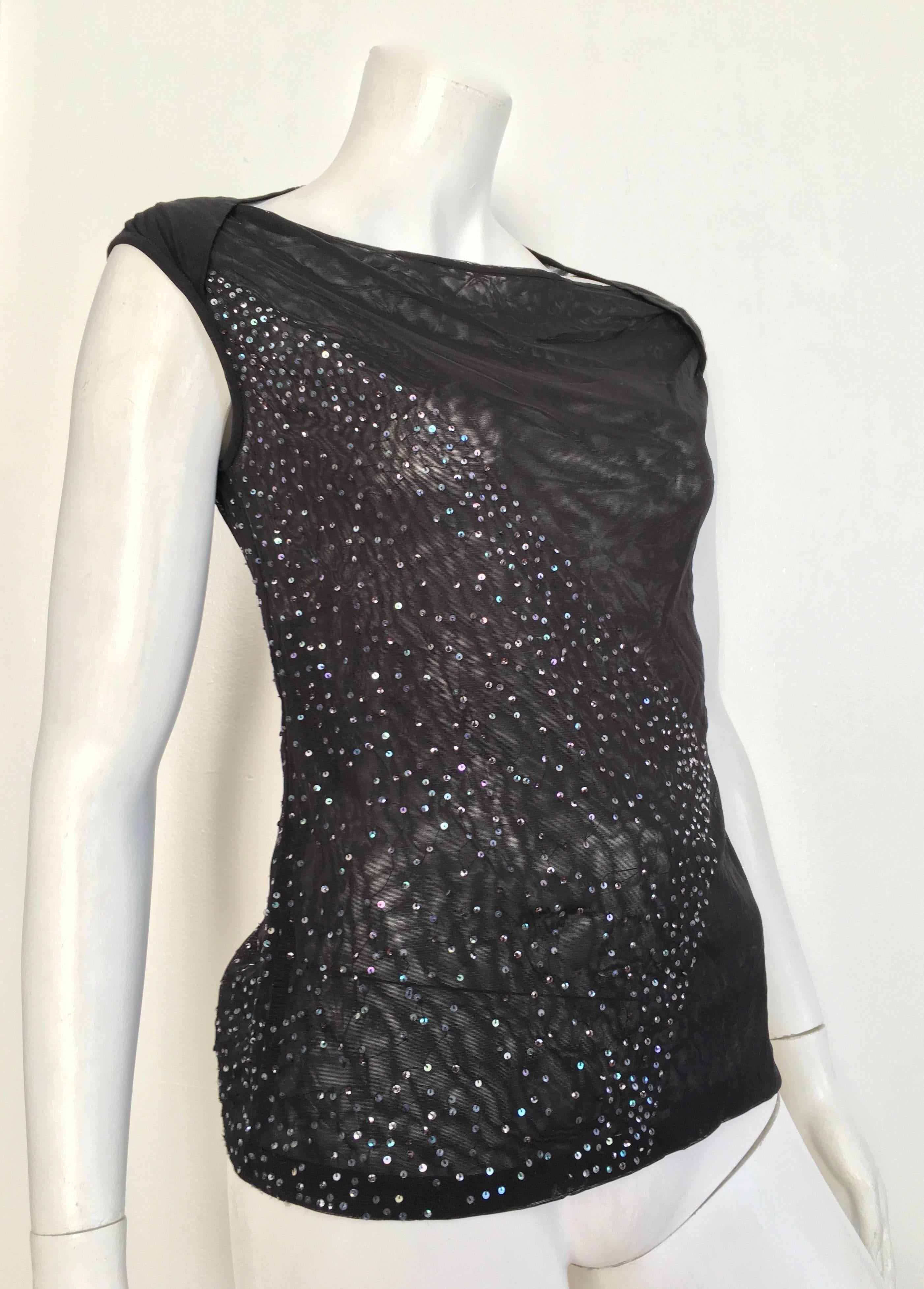 Narciso Rodriguez Black Sheer Sleeveless Sequin Top Size 6. Made in Italy. In Excellent Condition For Sale In Atlanta, GA