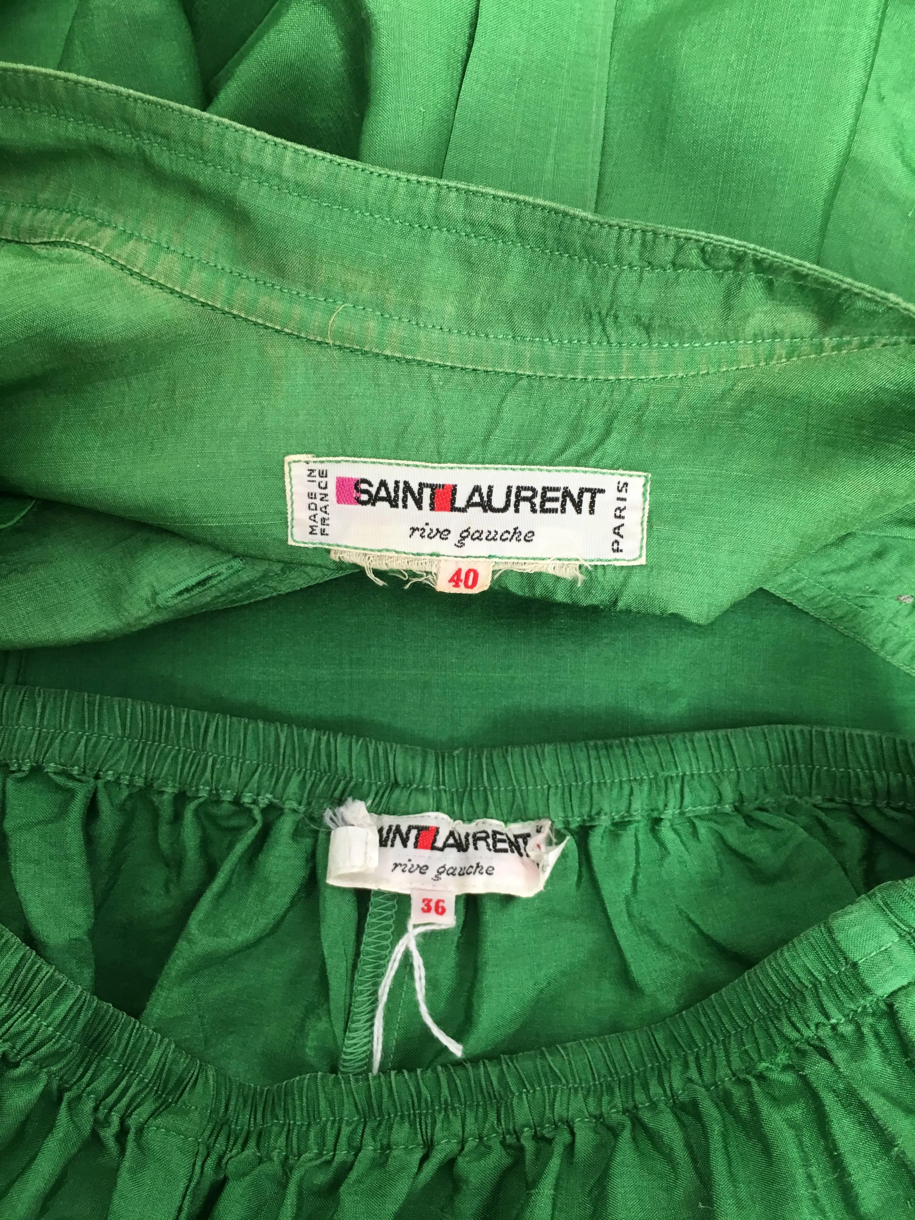 Saint Laurent Rive Gauche Green Silk Blouse, Pants & Sashes Size 4. For Sale 3