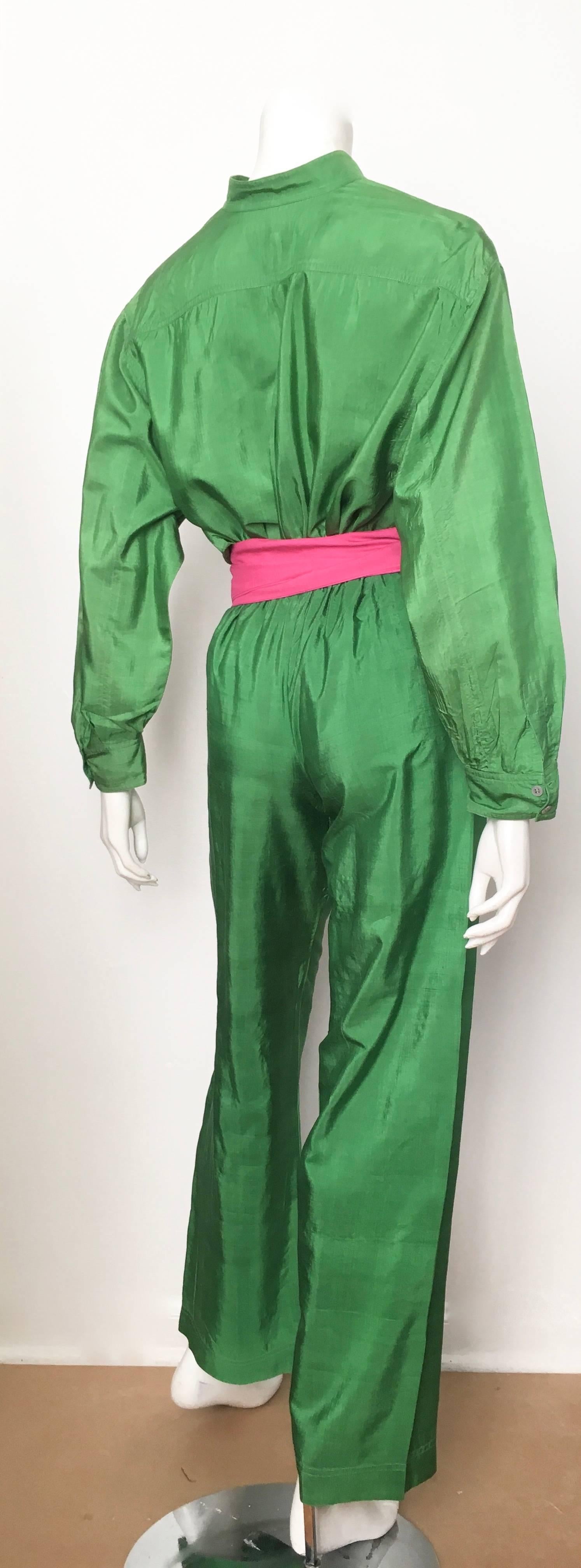 Saint Laurent Rive Gauche Green Silk Blouse, Pants & Sashes Size 4. In Excellent Condition For Sale In Atlanta, GA