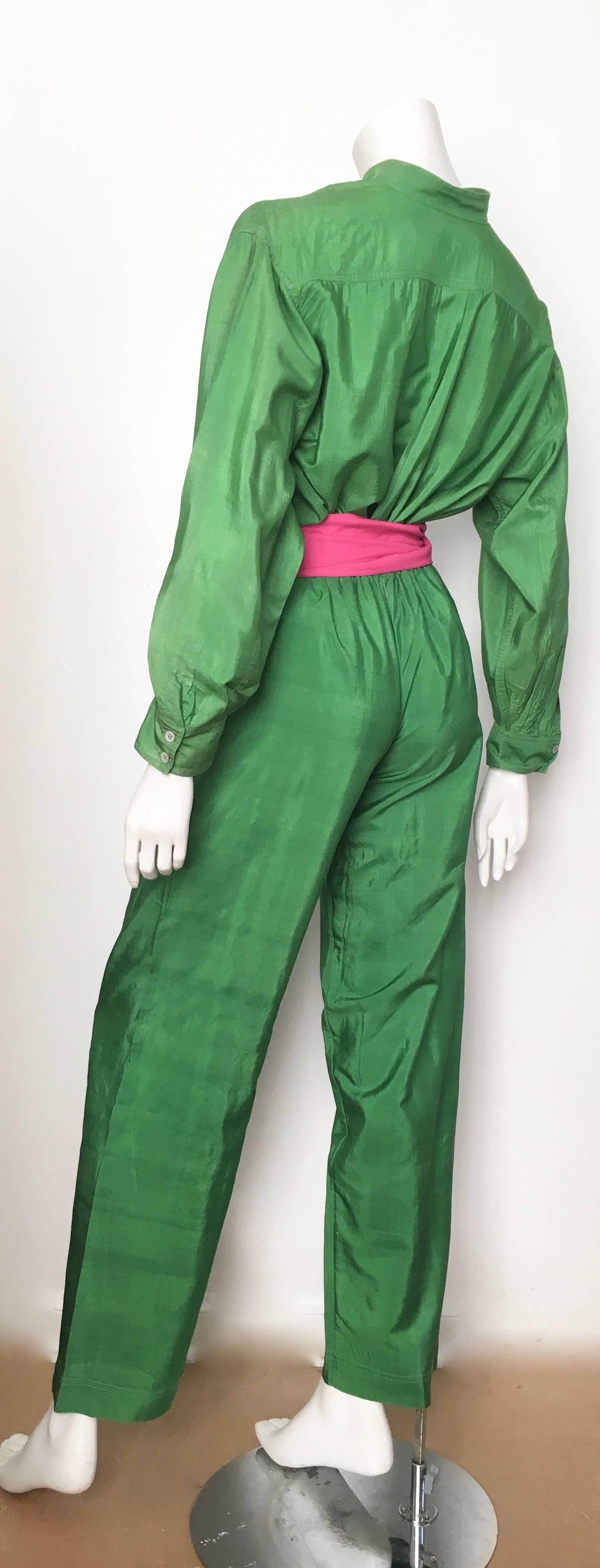 Women's or Men's Saint Laurent Rive Gauche Green Silk Blouse, Pants & Sashes Size 4. For Sale