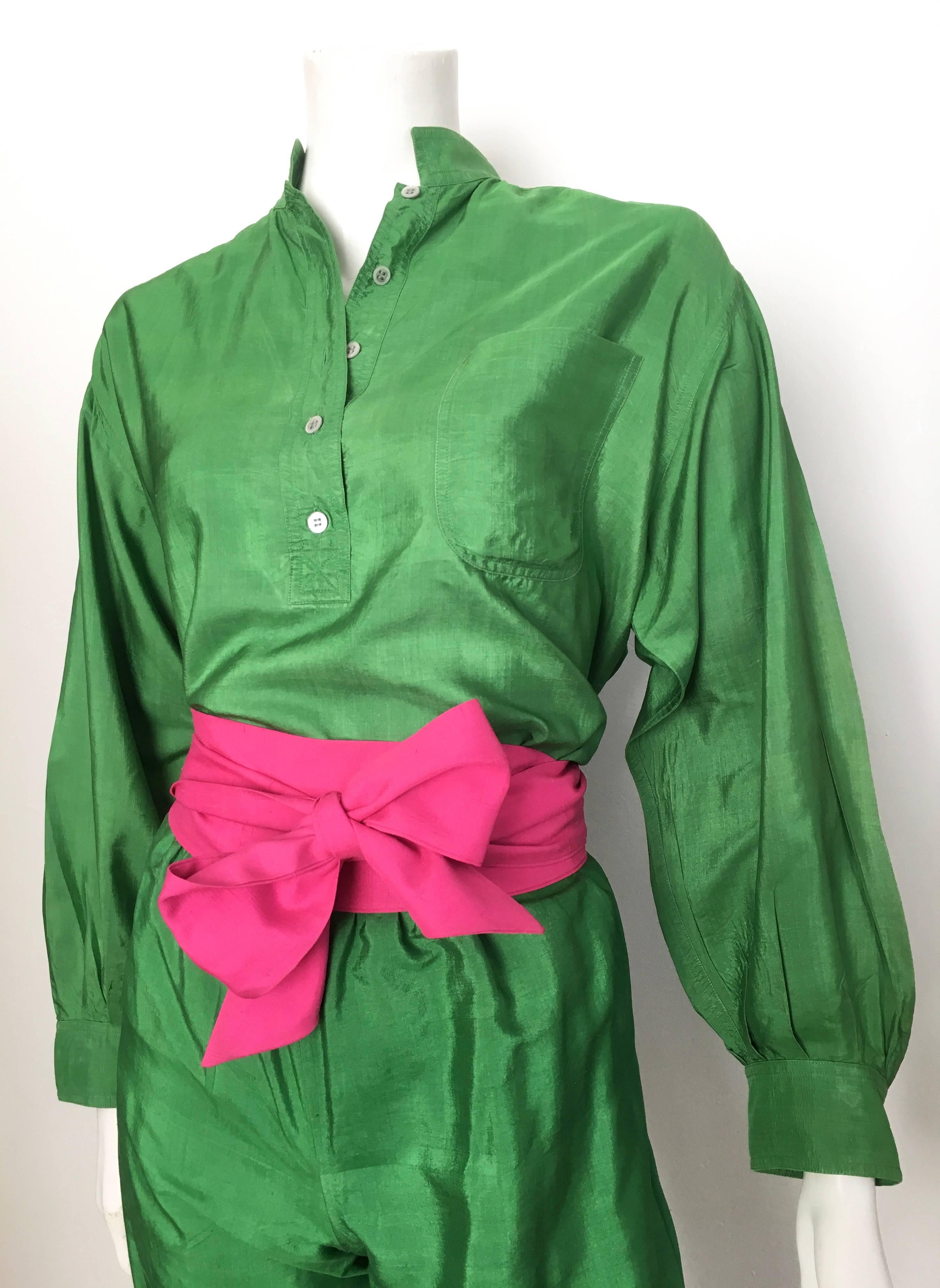 Saint Laurent Rive Gauche Green Silk Blouse, Pants & Sashes Size 4. For Sale 1