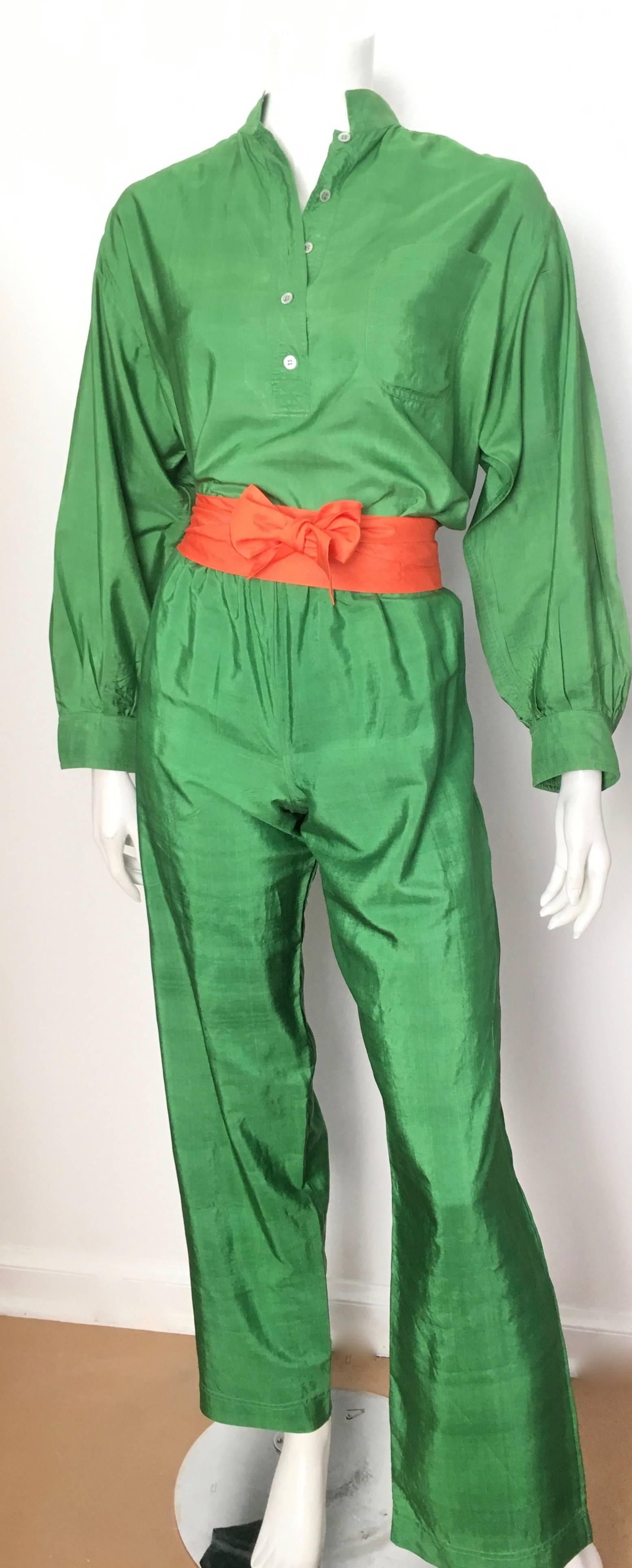 Saint Laurent Rive Gauche Green Silk Blouse, Pants & Sashes Size 4. For Sale 2
