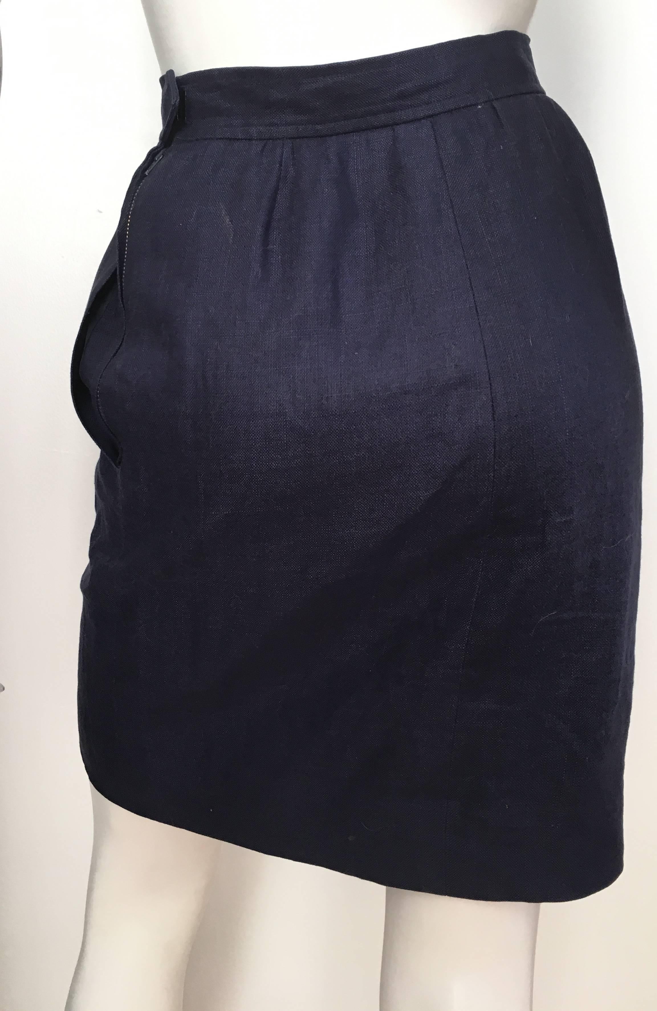 Saint Laurent Rive Gauche 1980s Navy Linen Pencil Skirt with Pockets Size 4. For Sale 1