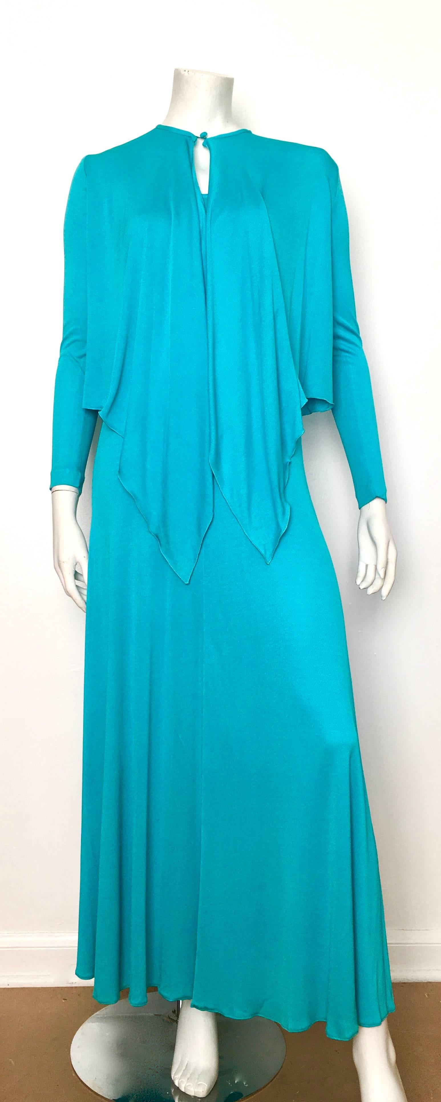 Scott Barrie 1970s turquoise stunning sexy skin tight sleeveless maxi jersey dress & jacket with sleeves is marked a size 4.  This dress is shown on Matilda the Mannequin and she is a size 4, so if your body type is identical to Matilda this should