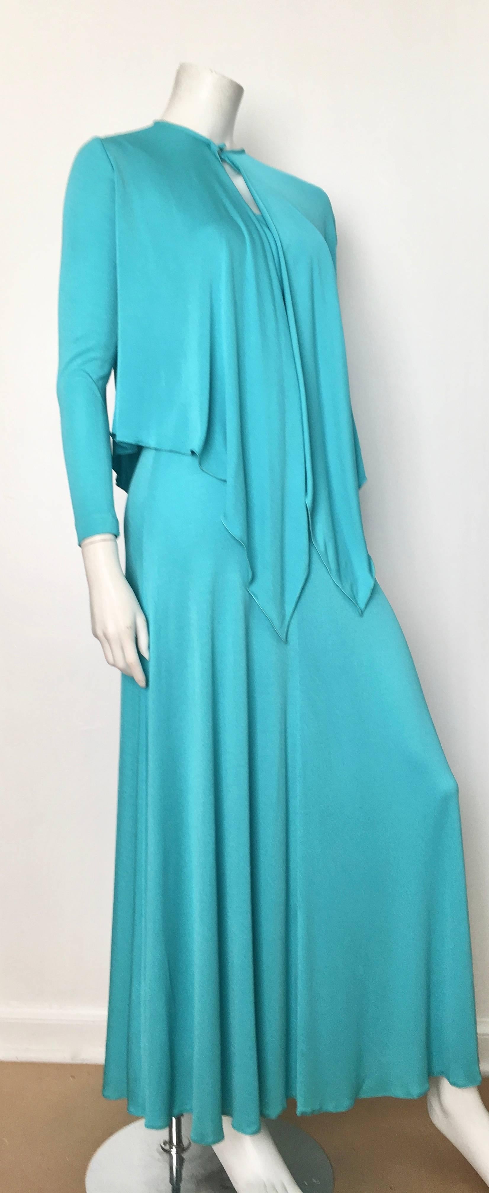 Blue Scott Barrie 1970s Turquoise Disco Maxi Jersey Dress Size 4. For Sale