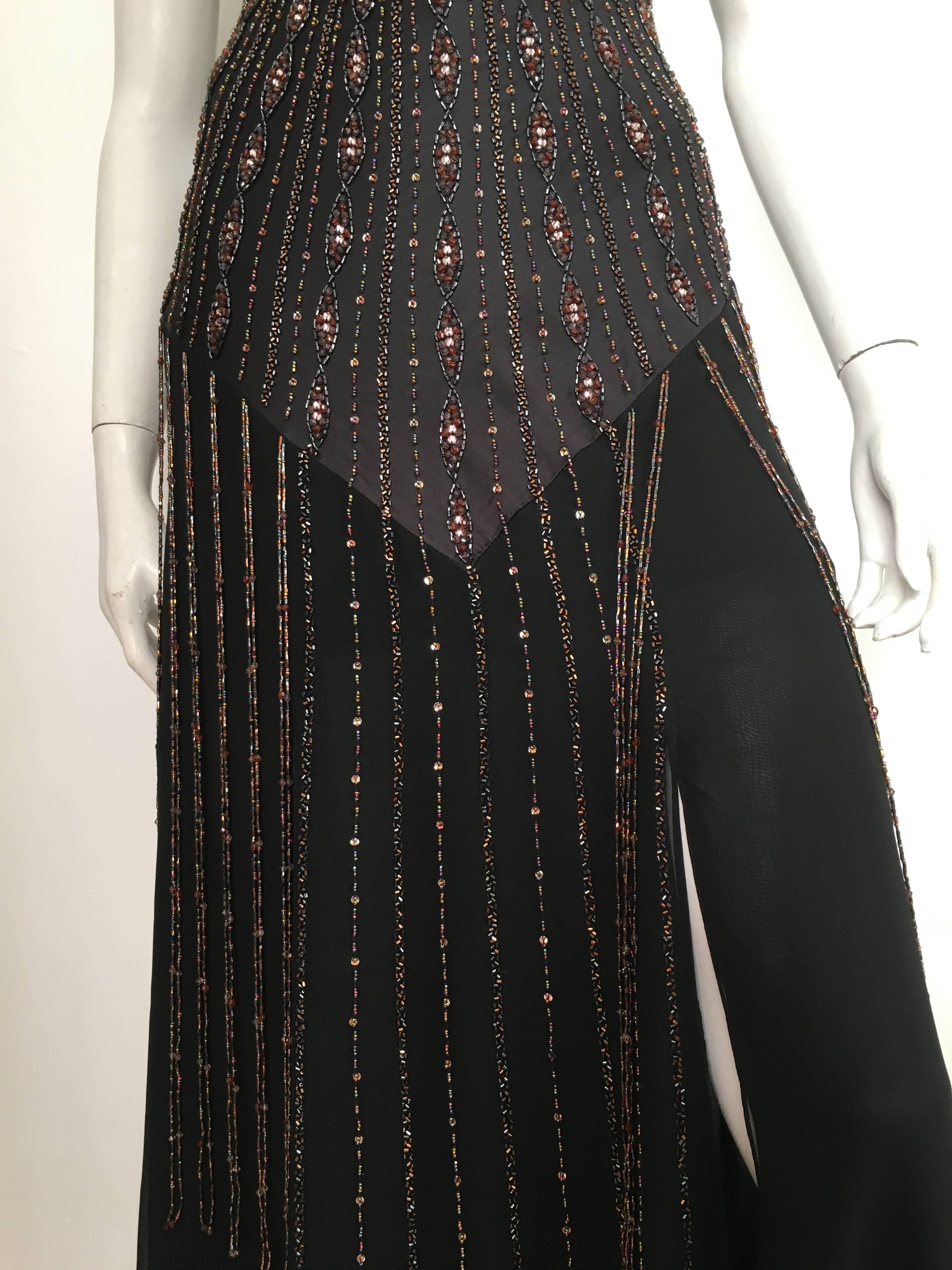 Sue Wong Black Silk Beaded Maxi Bias Cut Dress Size 2. For Sale 1