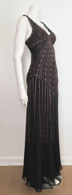 Sue Wong Black Silk Beaded Maxi Bias Cut Dress Size 2.