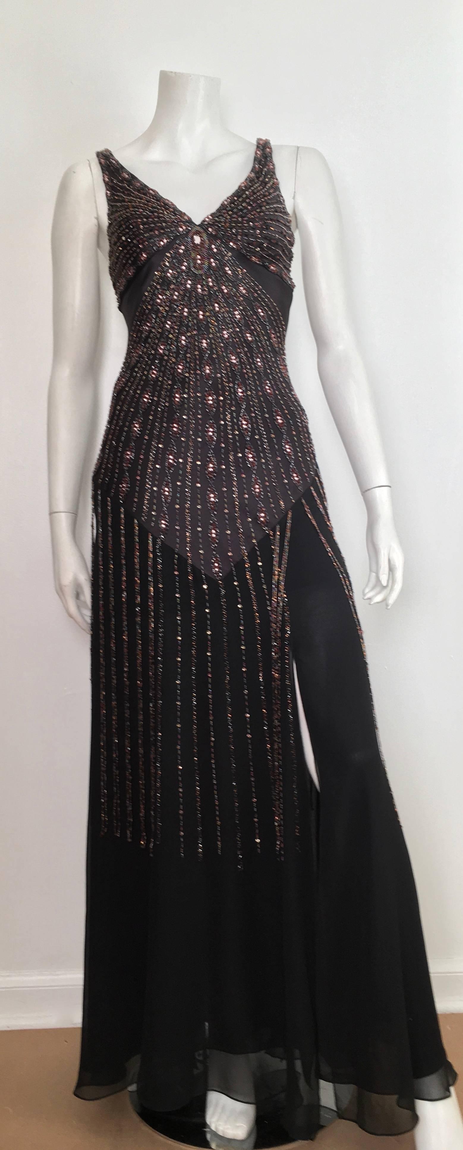 Sue Wong Black Silk Beaded Maxi Bias Cut Dress Size 2. In Excellent Condition For Sale In Atlanta, GA