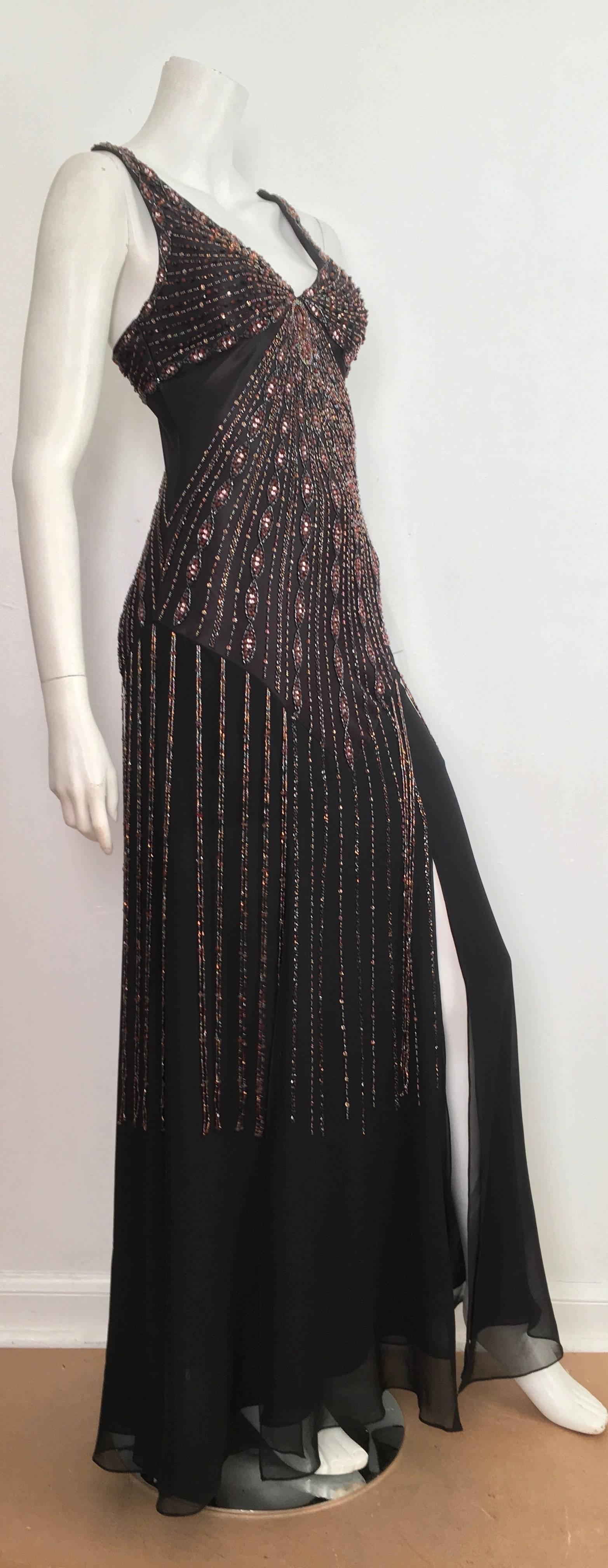 Sue Wong Black Silk Beaded Maxi Bias Cut Dress Size 2. For Sale 2