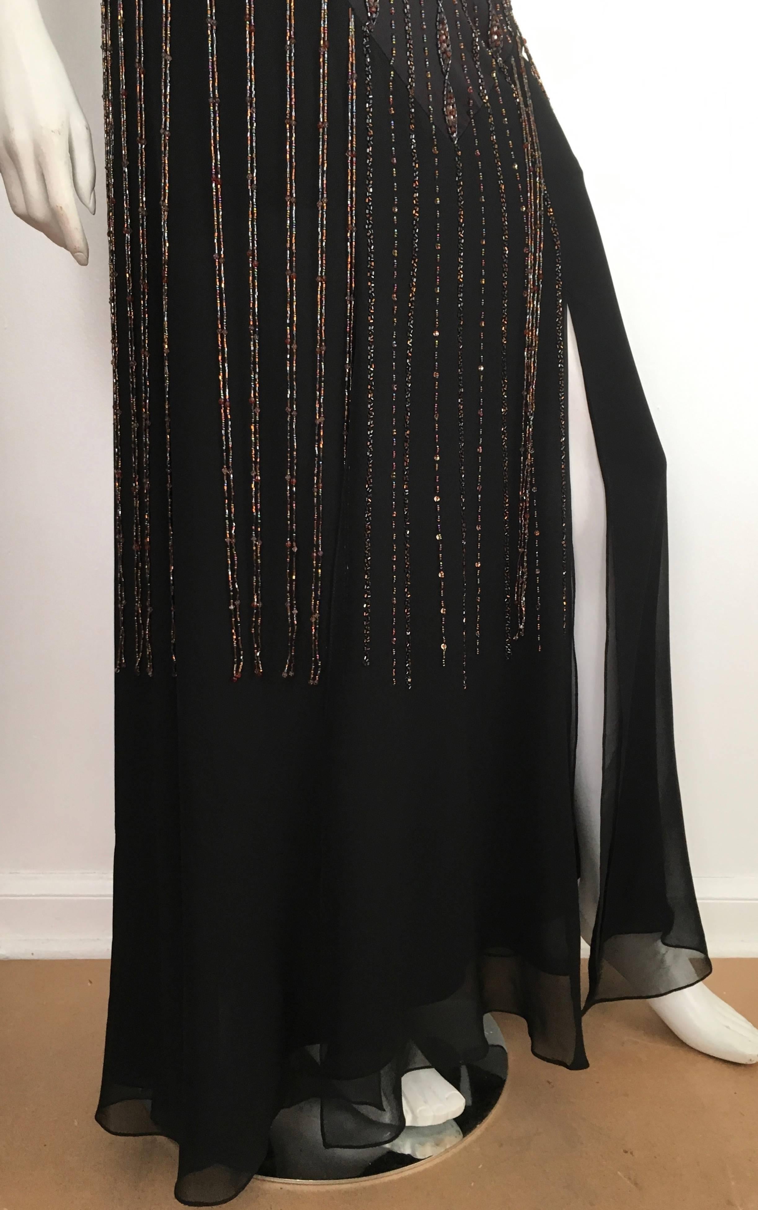 Sue Wong Black Silk Beaded Maxi Bias Cut Dress Size 2. For Sale 4