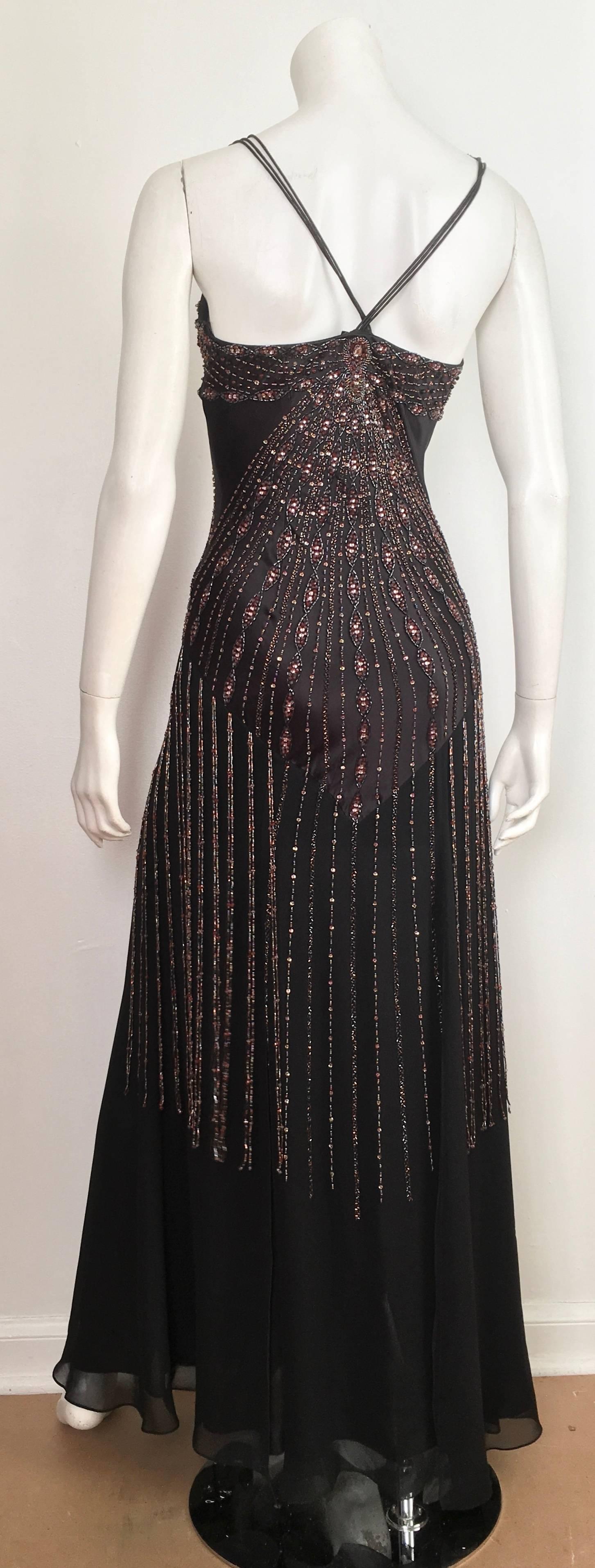 Sue Wong Black Silk Beaded Maxi Bias Cut Dress Size 2. For Sale 7
