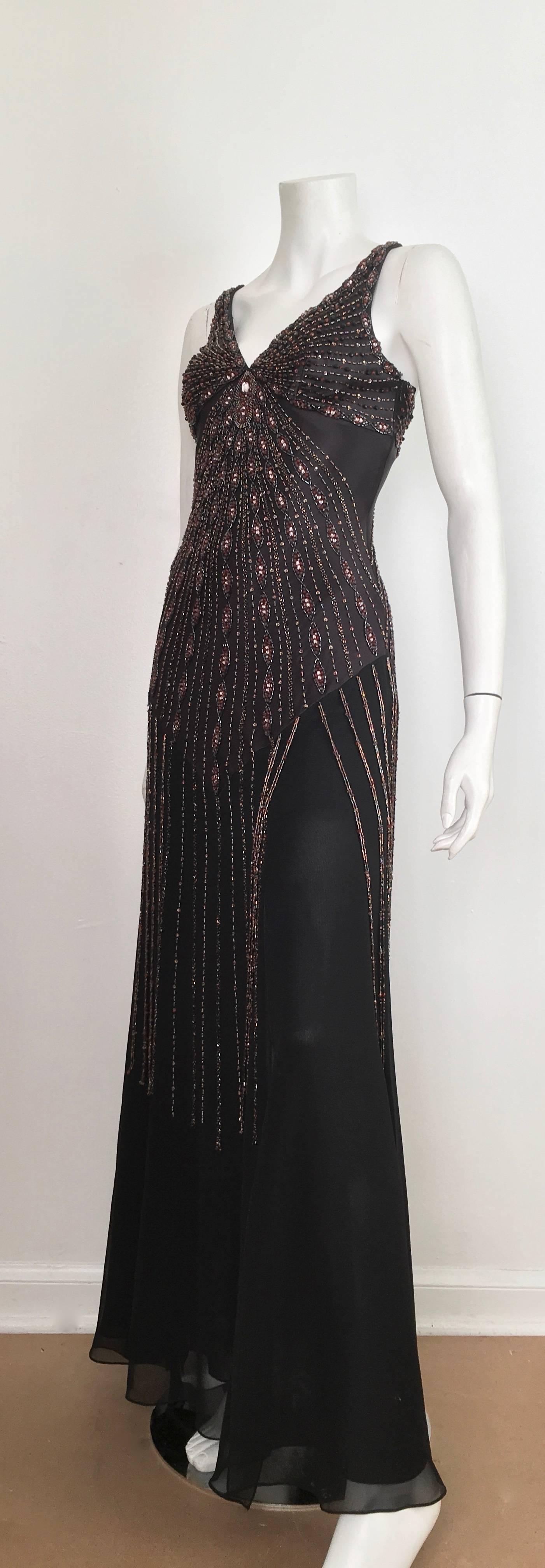 Sue Wong Black Silk Beaded Maxi Bias Cut Dress Size 2. For Sale 10