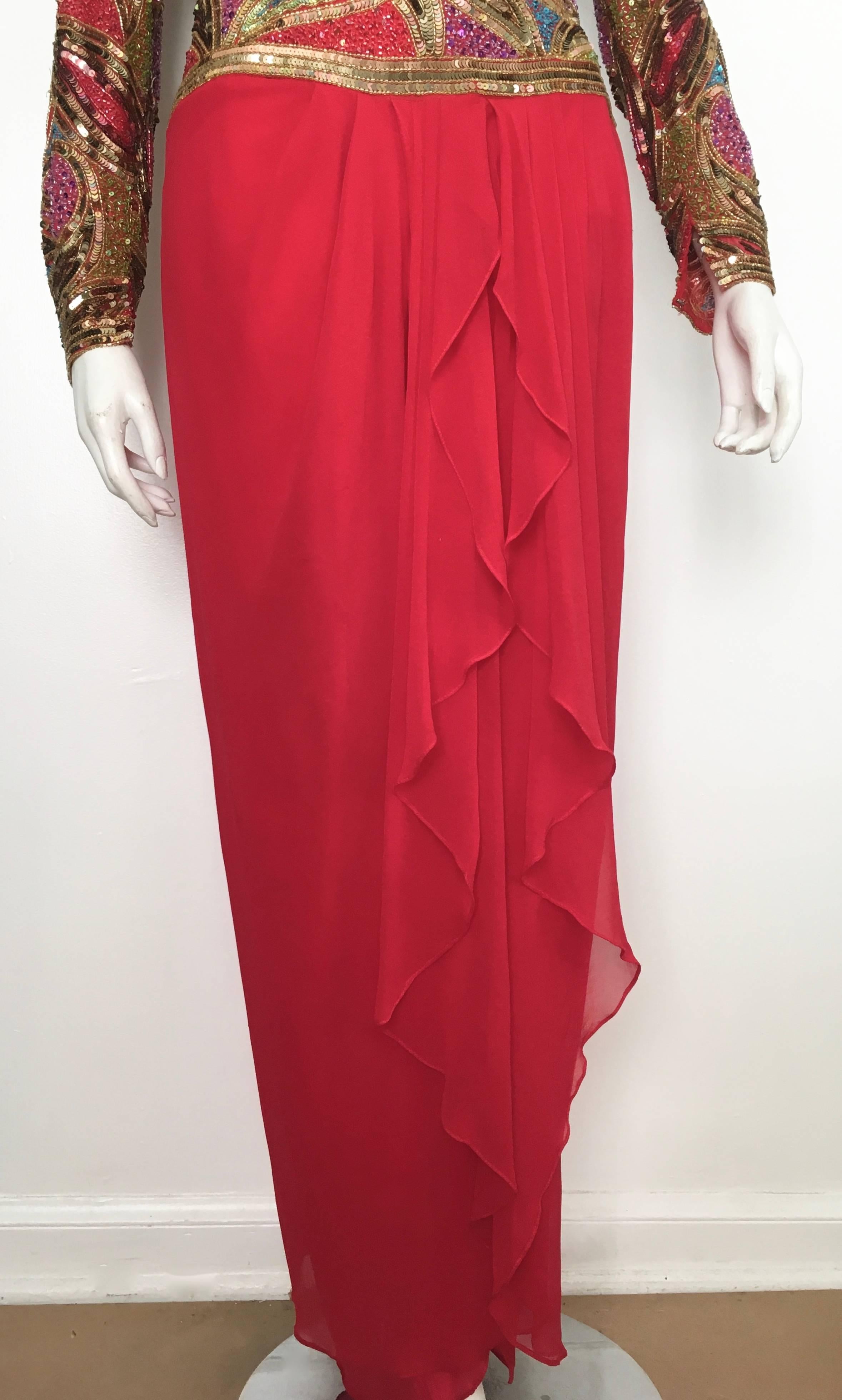 Red Naeem Khan 1980s Silk and Beaded Gown Size 8. For Sale