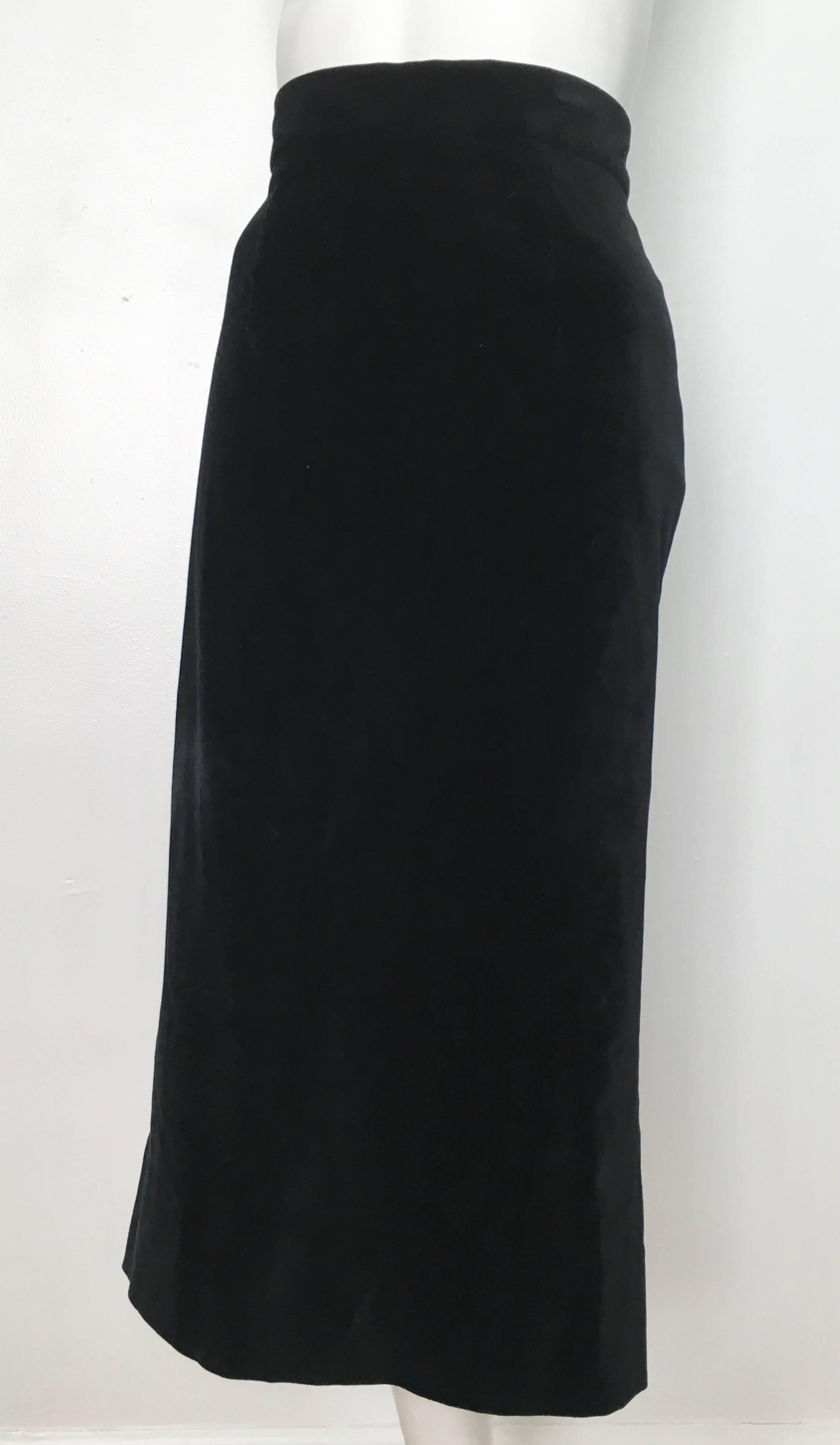 MOSCHINO Cheap & Chic cotton black velvet long straight skirt is marked a size 14 but will fit a size 10 / 12.  The waist on this skirt is 32