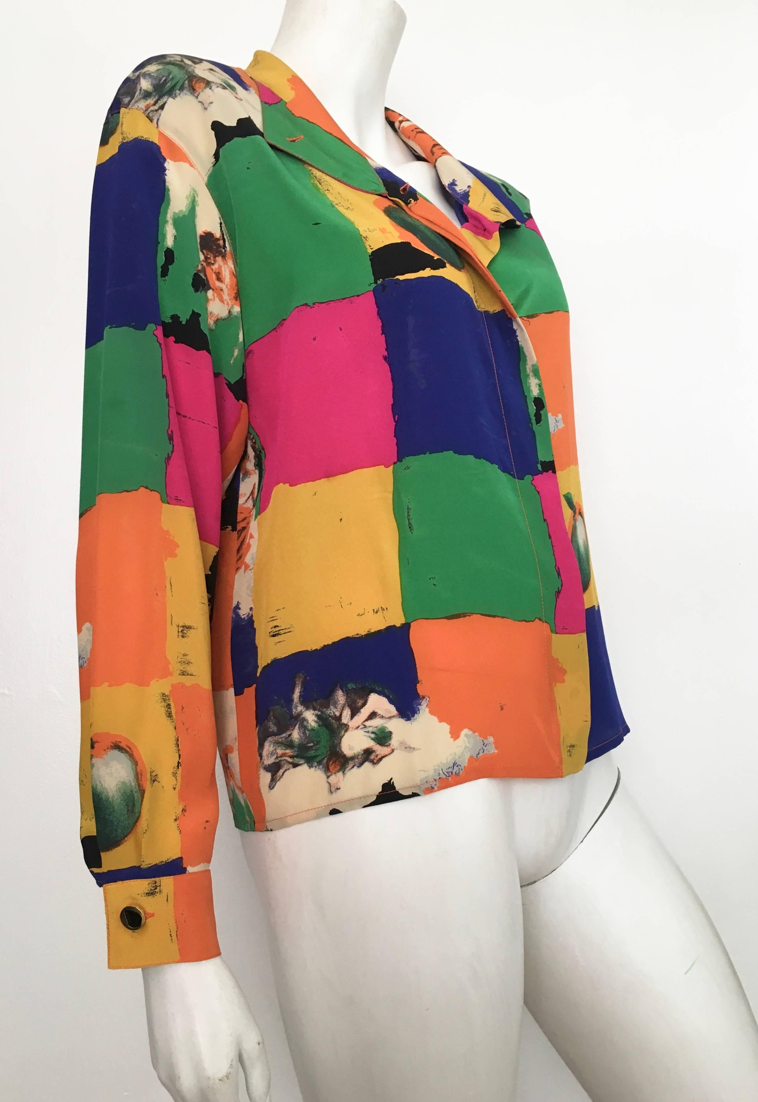 Ungaro Parallele Paris 1980s Silk Long Sleeve Abstract Blouse, Size 4 / 6.  In Excellent Condition For Sale In Atlanta, GA