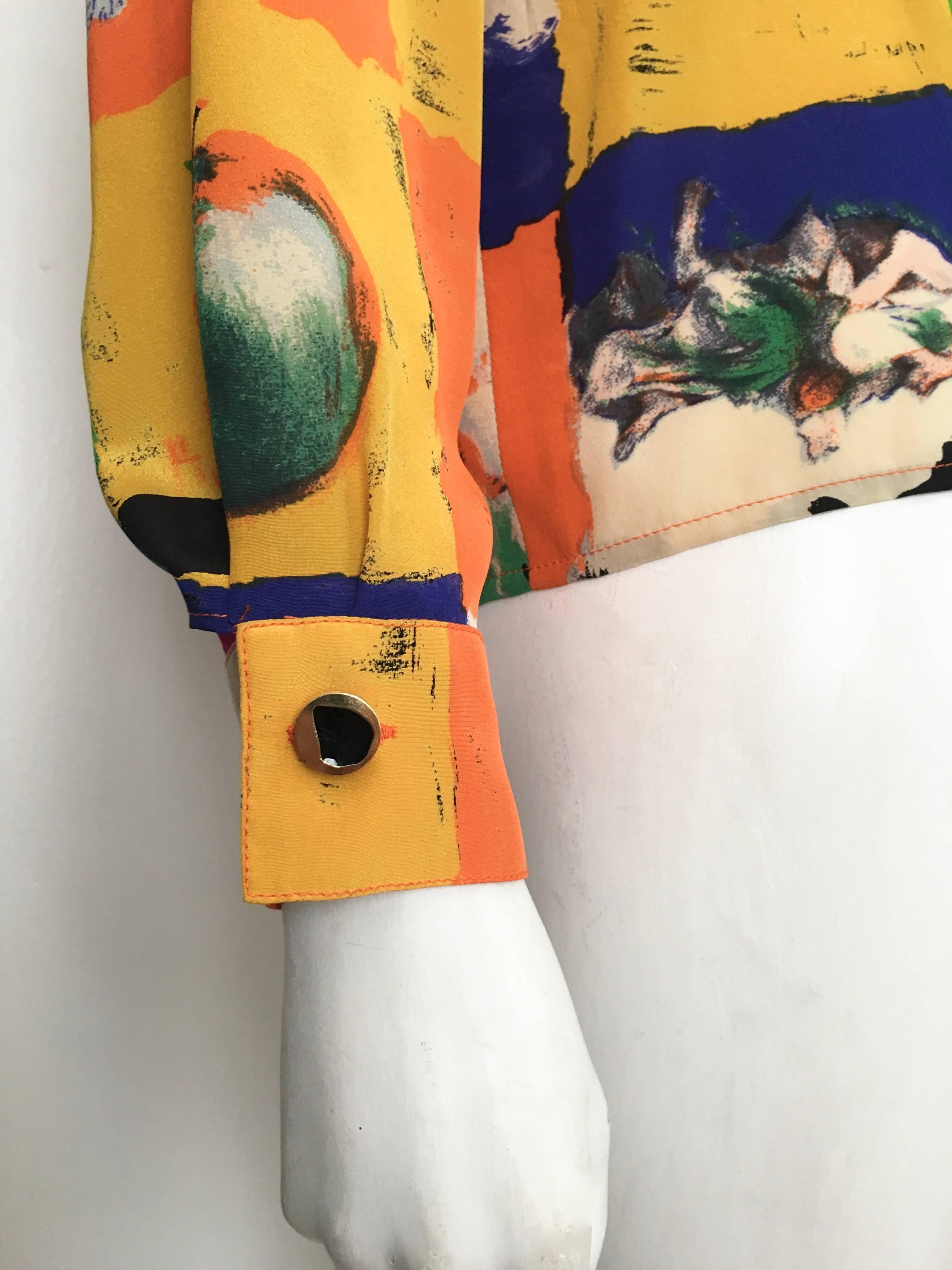 Women's or Men's Ungaro Parallele Paris 1980s Silk Long Sleeve Abstract Blouse, Size 4 / 6.  For Sale